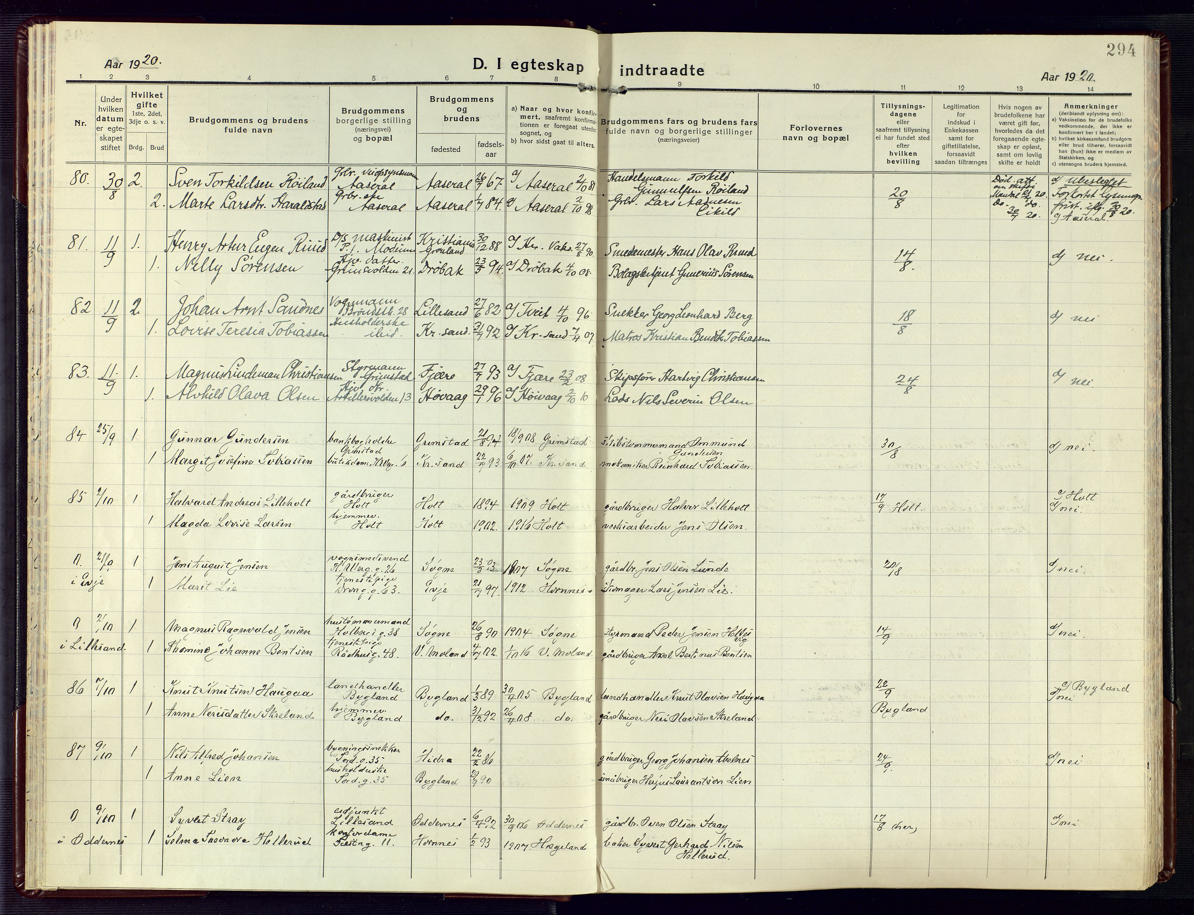 Kristiansand domprosti, AV/SAK-1112-0006/F/Fa/L0028: Parish register (official) no. A 27, 1917-1926, p. 294