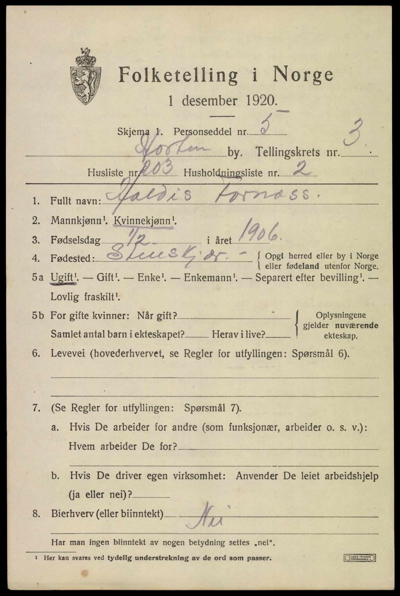 SAKO, 1920 census for Horten, 1920, p. 16261