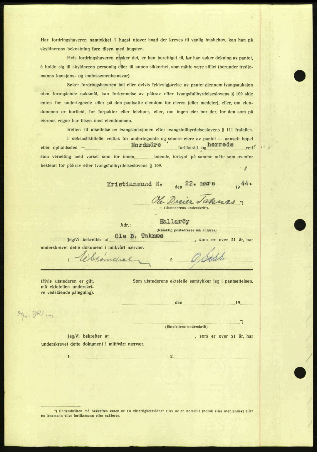 Nordmøre sorenskriveri, AV/SAT-A-4132/1/2/2Ca: Mortgage book no. B91, 1943-1944, Diary no: : 496/1944