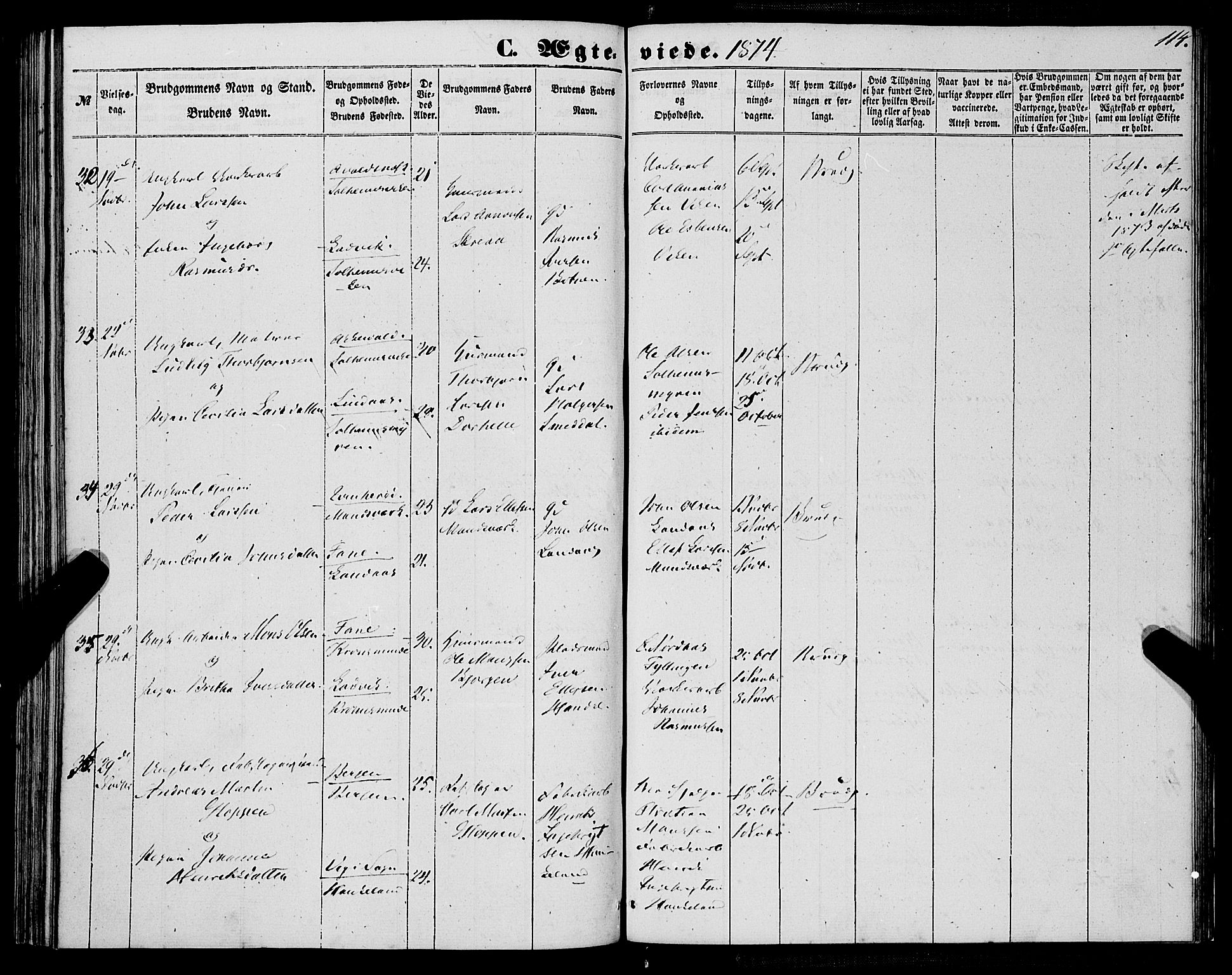 St. Jørgens hospital og Årstad sokneprestembete, AV/SAB-A-99934: Parish register (official) no. A 9, 1853-1878, p. 114