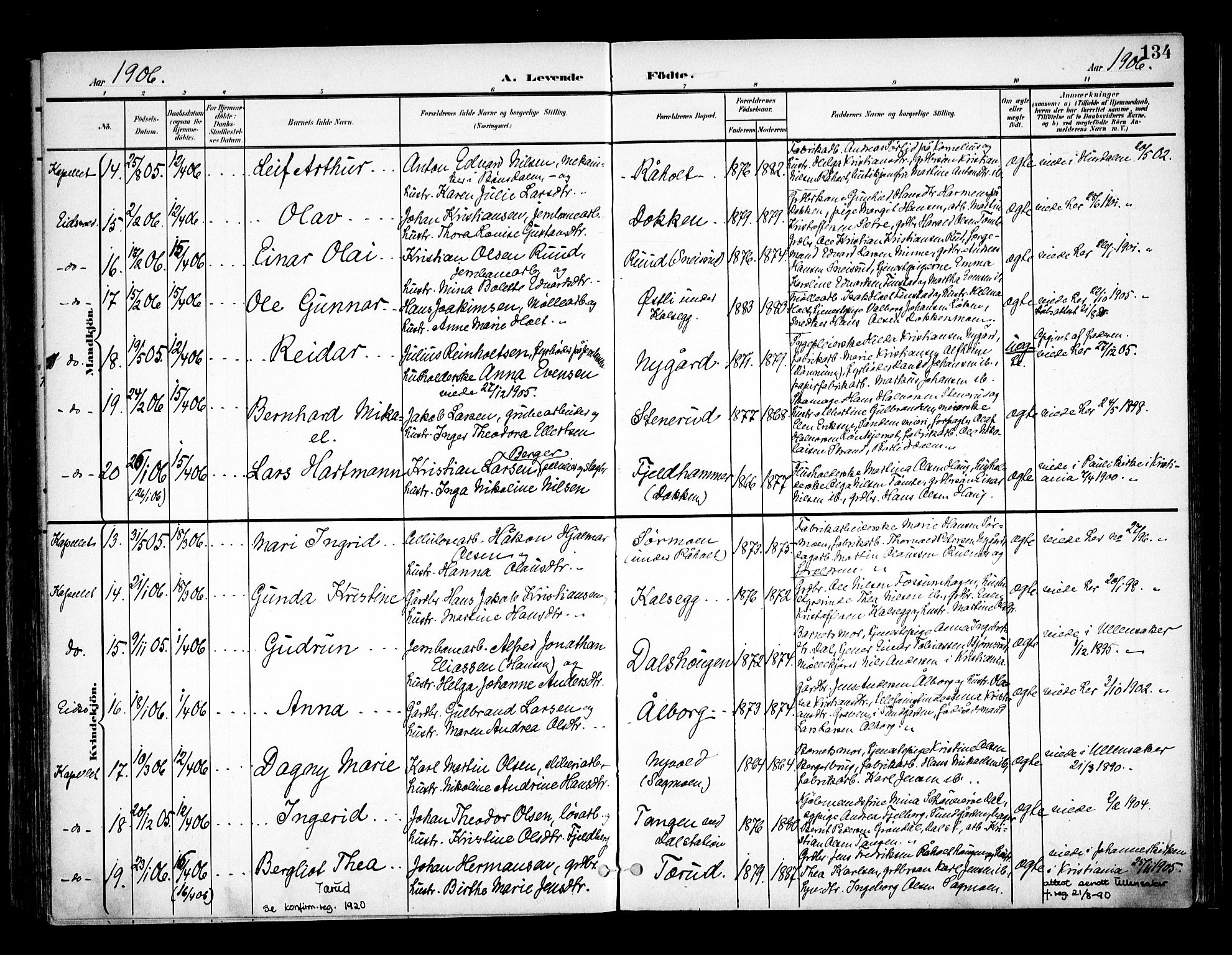 Eidsvoll prestekontor Kirkebøker, AV/SAO-A-10888/F/Fa/L0006: Parish register (official) no. I 6, 1900-1907, p. 134