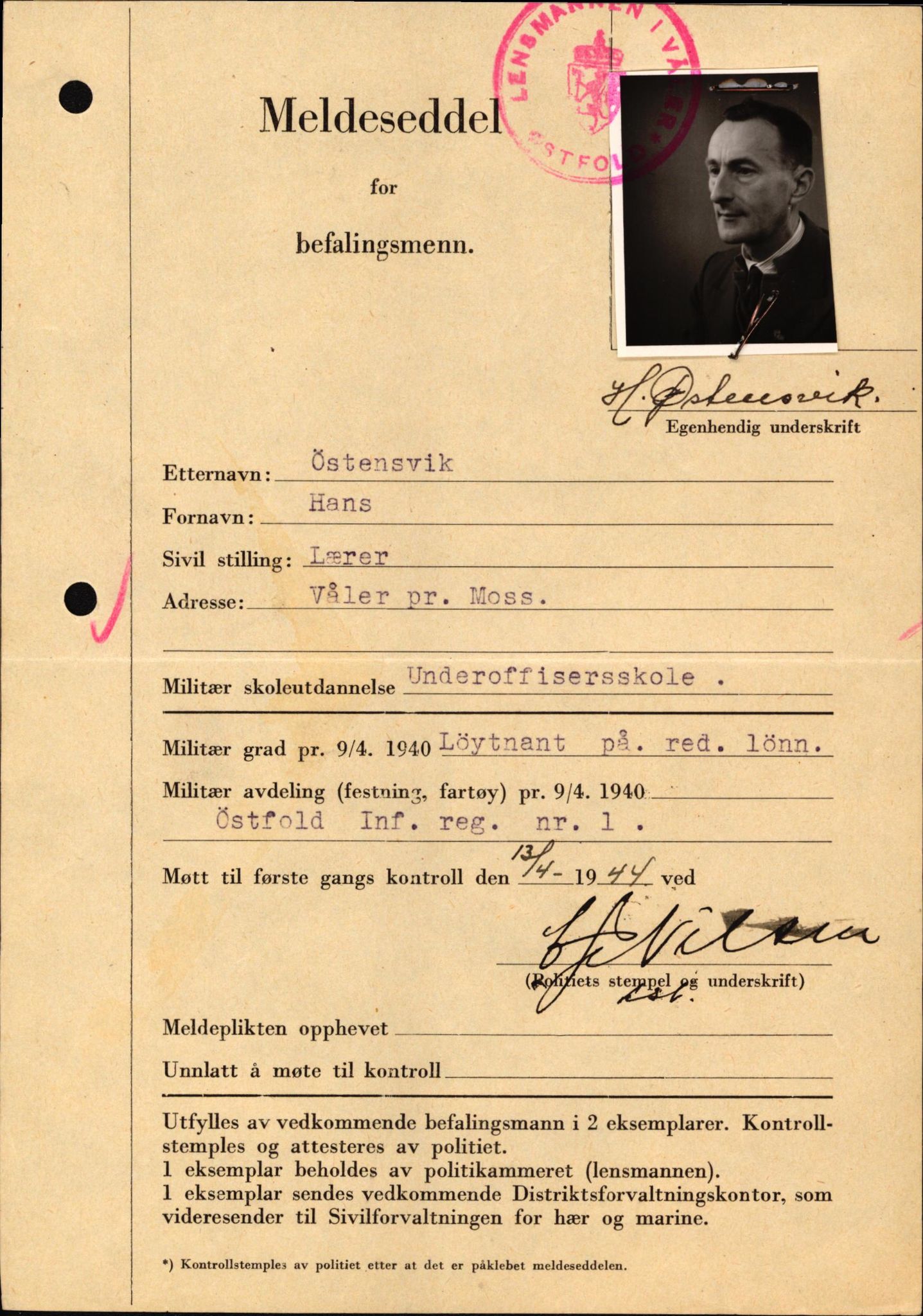 Forsvaret, Forsvarets krigshistoriske avdeling, AV/RA-RAFA-2017/Y/Yf/L0209: II-C-11-2121  -  Okkupasjonstiden.  Meldesedler for befal med foto og oppl. om militær grad 9. apr. 1940., 1944-1945, p. 1331