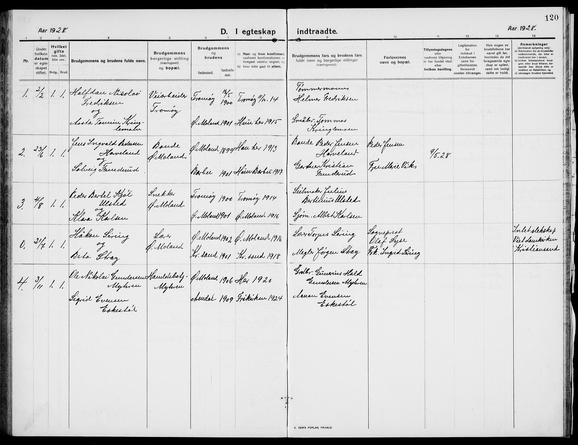 Austre Moland sokneprestkontor, AV/SAK-1111-0001/F/Fb/Fba/L0005: Parish register (copy) no. B 4b, 1914-1935, p. 120