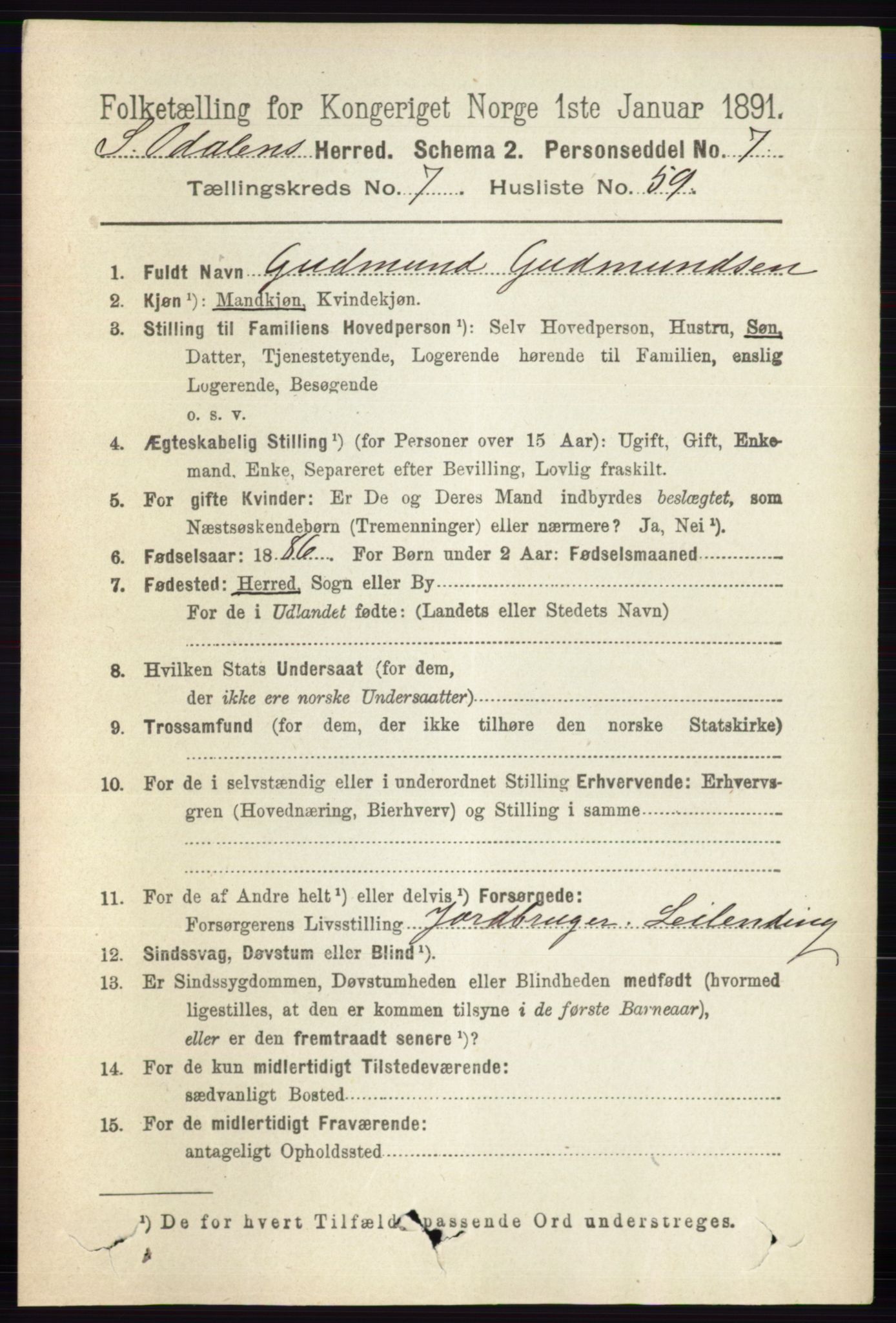 RA, 1891 census for 0419 Sør-Odal, 1891, p. 3956