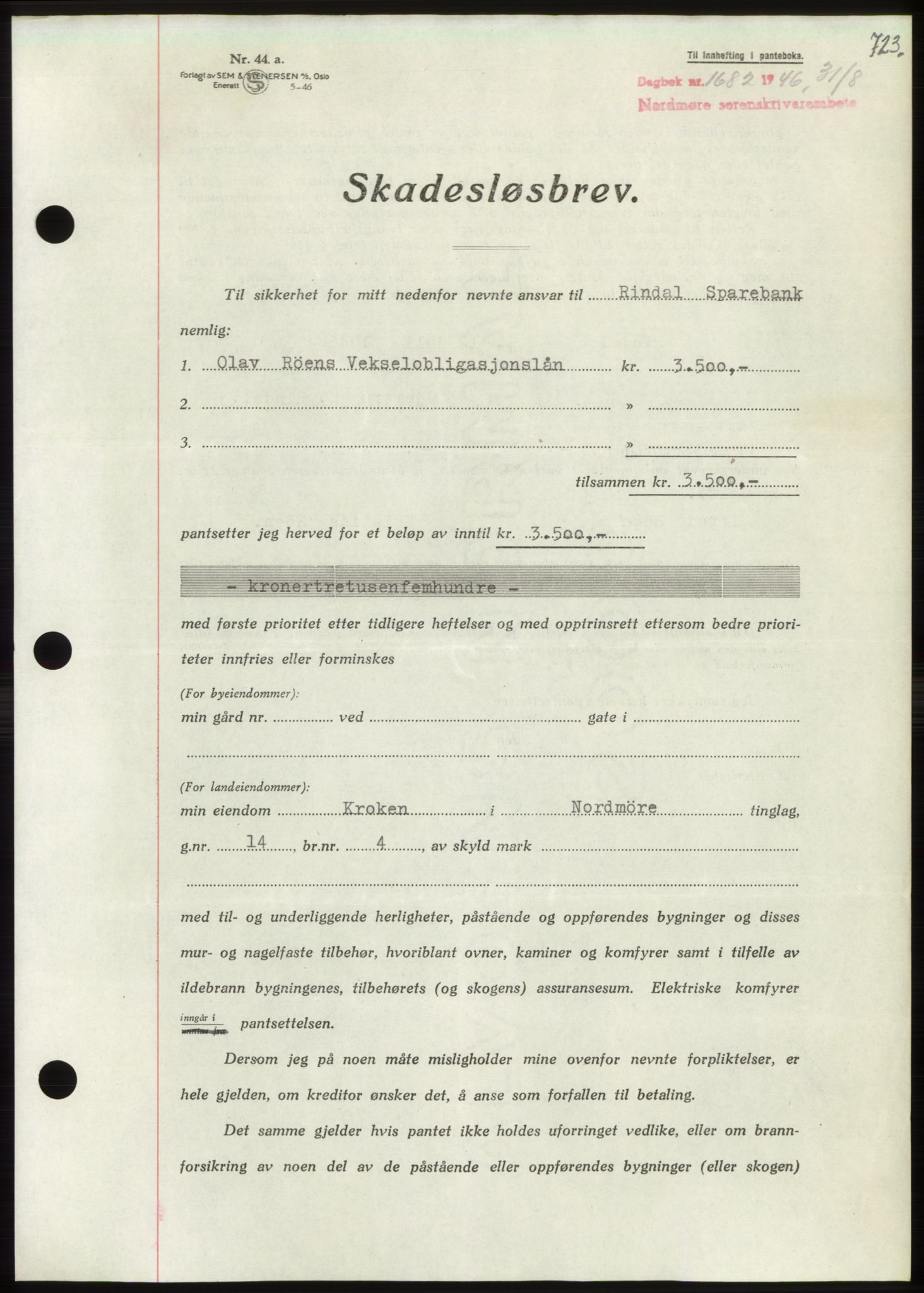 Nordmøre sorenskriveri, AV/SAT-A-4132/1/2/2Ca: Mortgage book no. B94, 1946-1946, Diary no: : 1682/1946