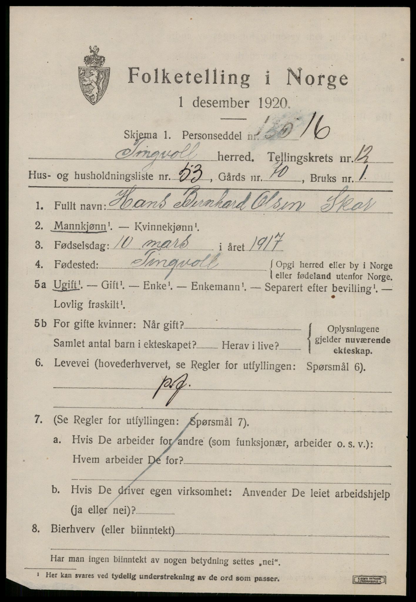 SAT, 1920 census for Tingvoll, 1920, p. 6790