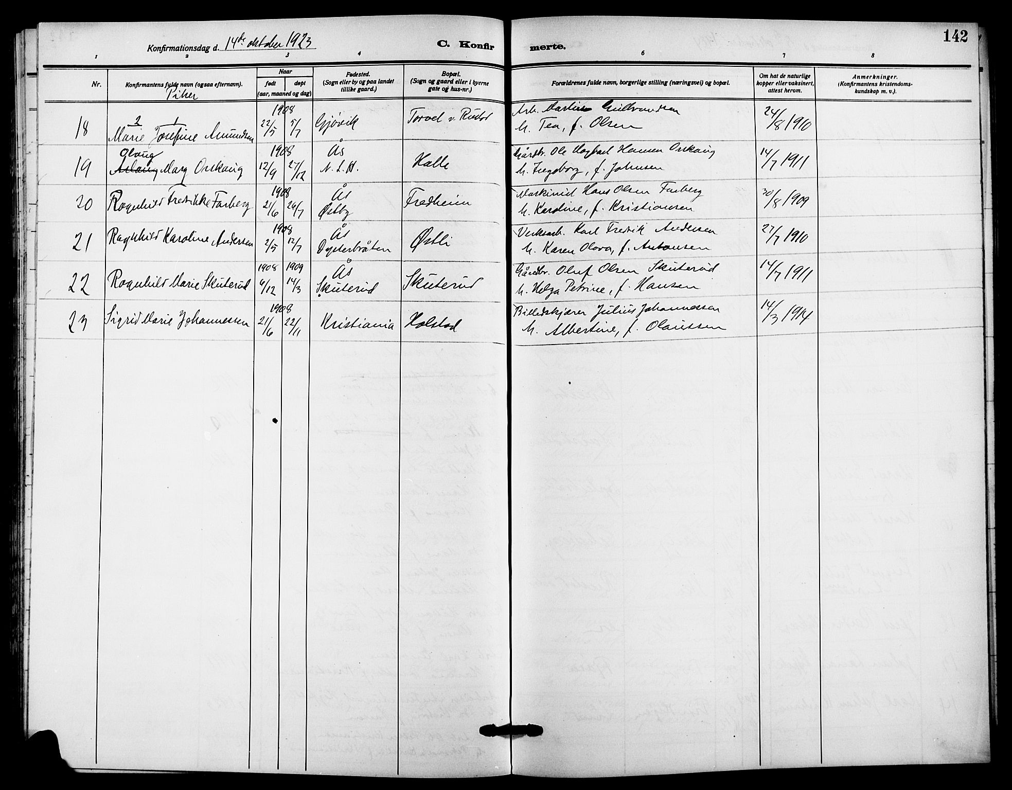 Ås prestekontor Kirkebøker, SAO/A-10894/G/Ga/L0005: Parish register (copy) no. I 5, 1916-1924, p. 142