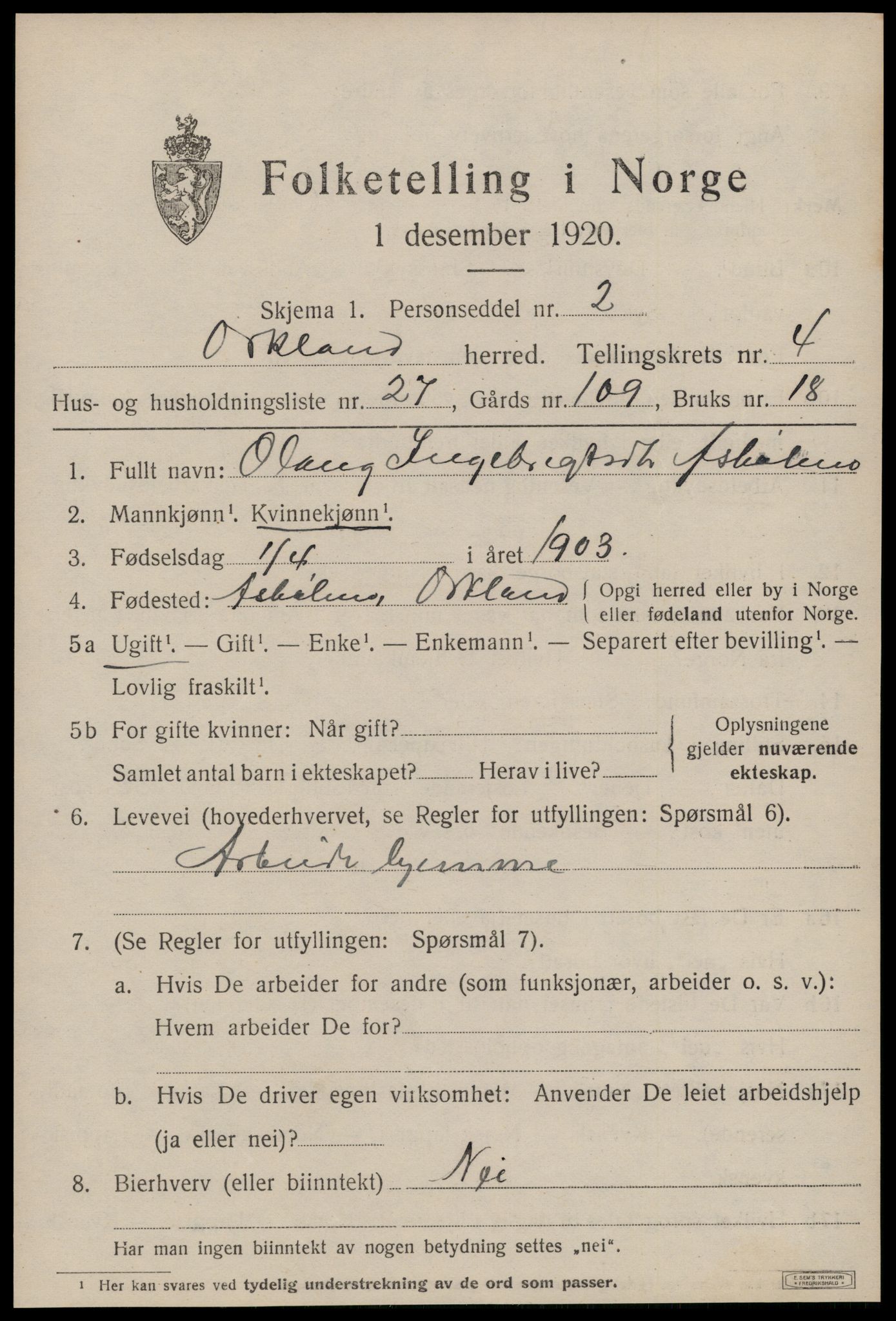 SAT, 1920 census for Orkland, 1920, p. 3640