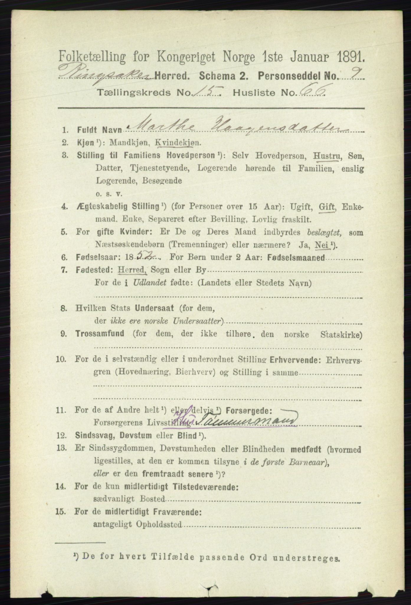 RA, 1891 census for 0412 Ringsaker, 1891, p. 8897