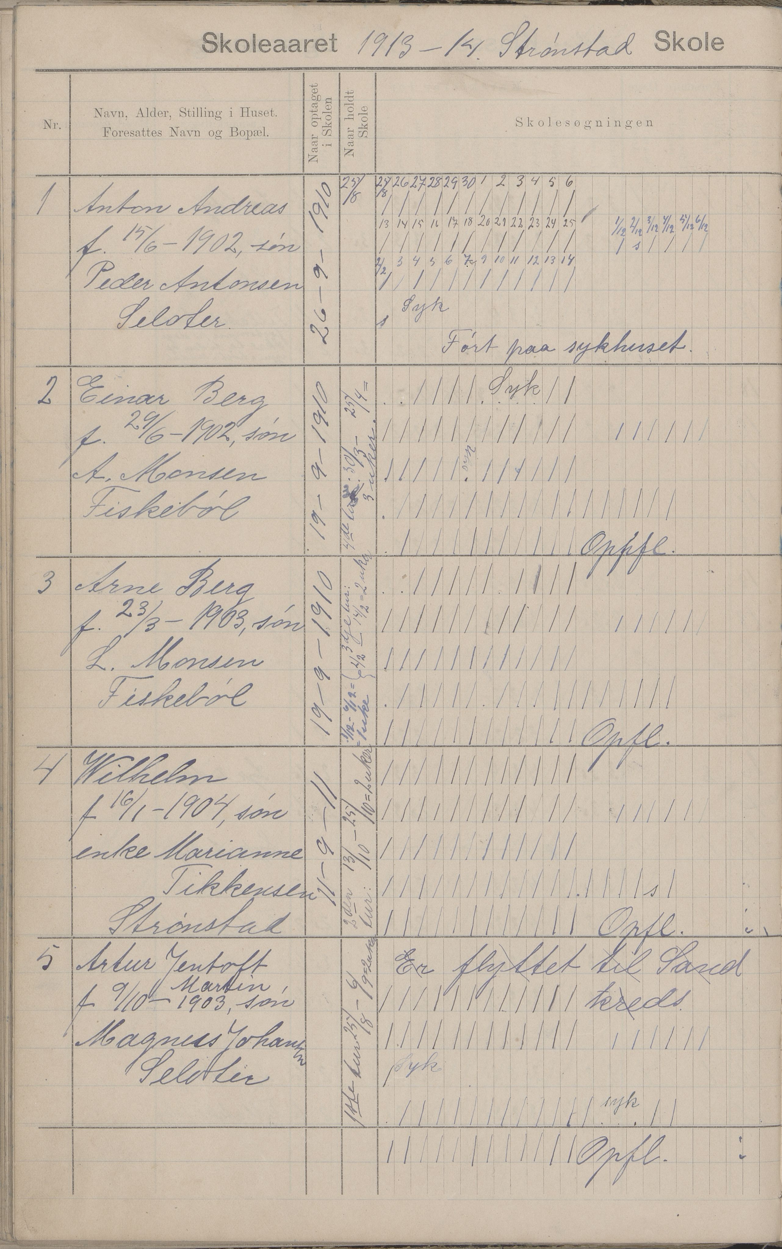 Hadsel kommune. Strønstad skolekrets, AIN/K-18660.510.13/G/L0001: Skoleprotokoll for Strønstad skole - Seloter, 1905-1914