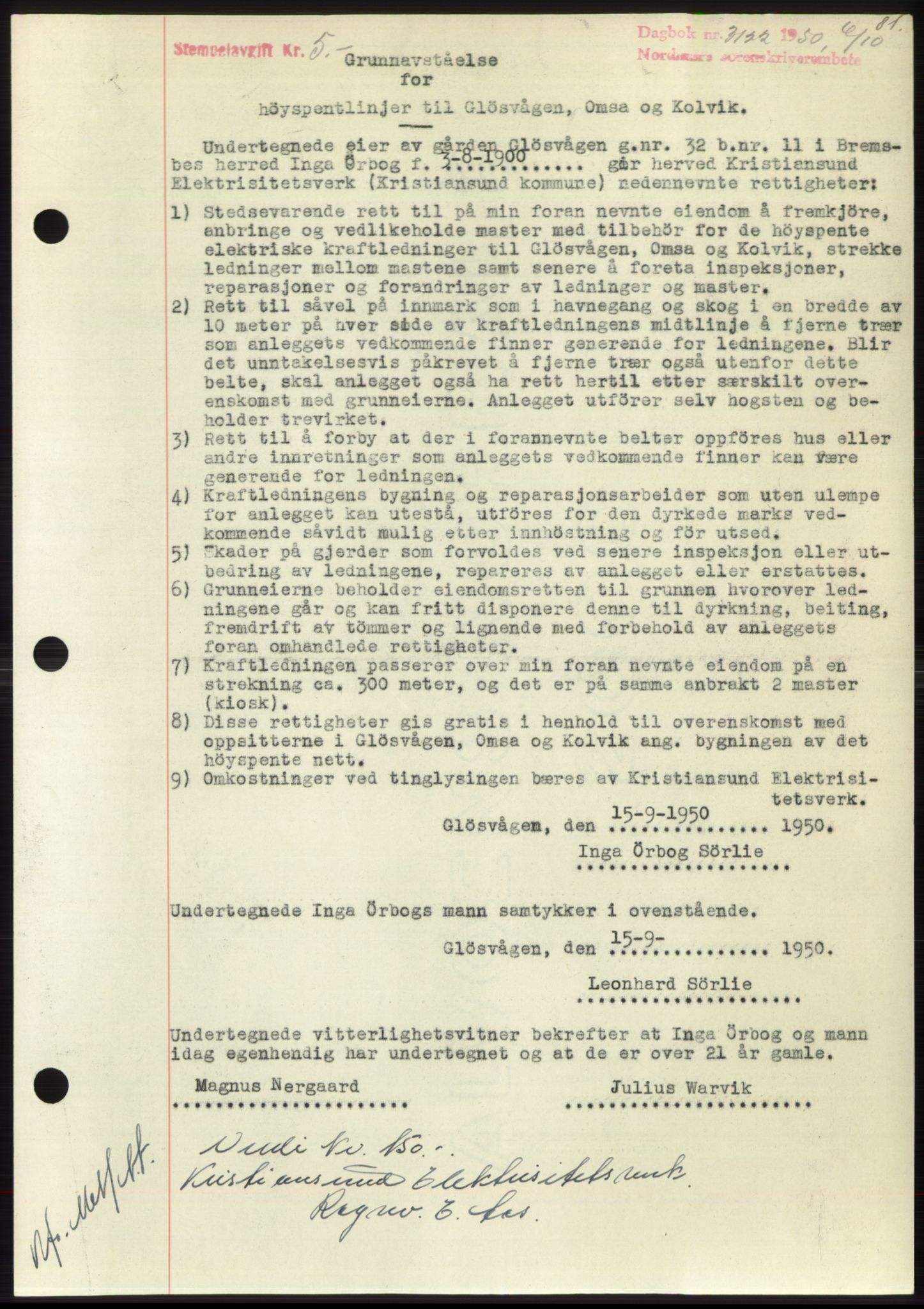 Nordmøre sorenskriveri, AV/SAT-A-4132/1/2/2Ca: Mortgage book no. B106, 1950-1950, Diary no: : 3122/1950