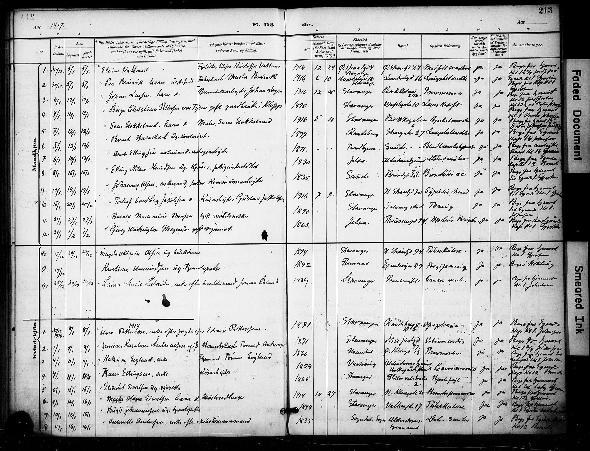 Domkirken sokneprestkontor, AV/SAST-A-101812/001/30/30BA/L0032: Parish register (official) no. A 31, 1896-1917, p. 213