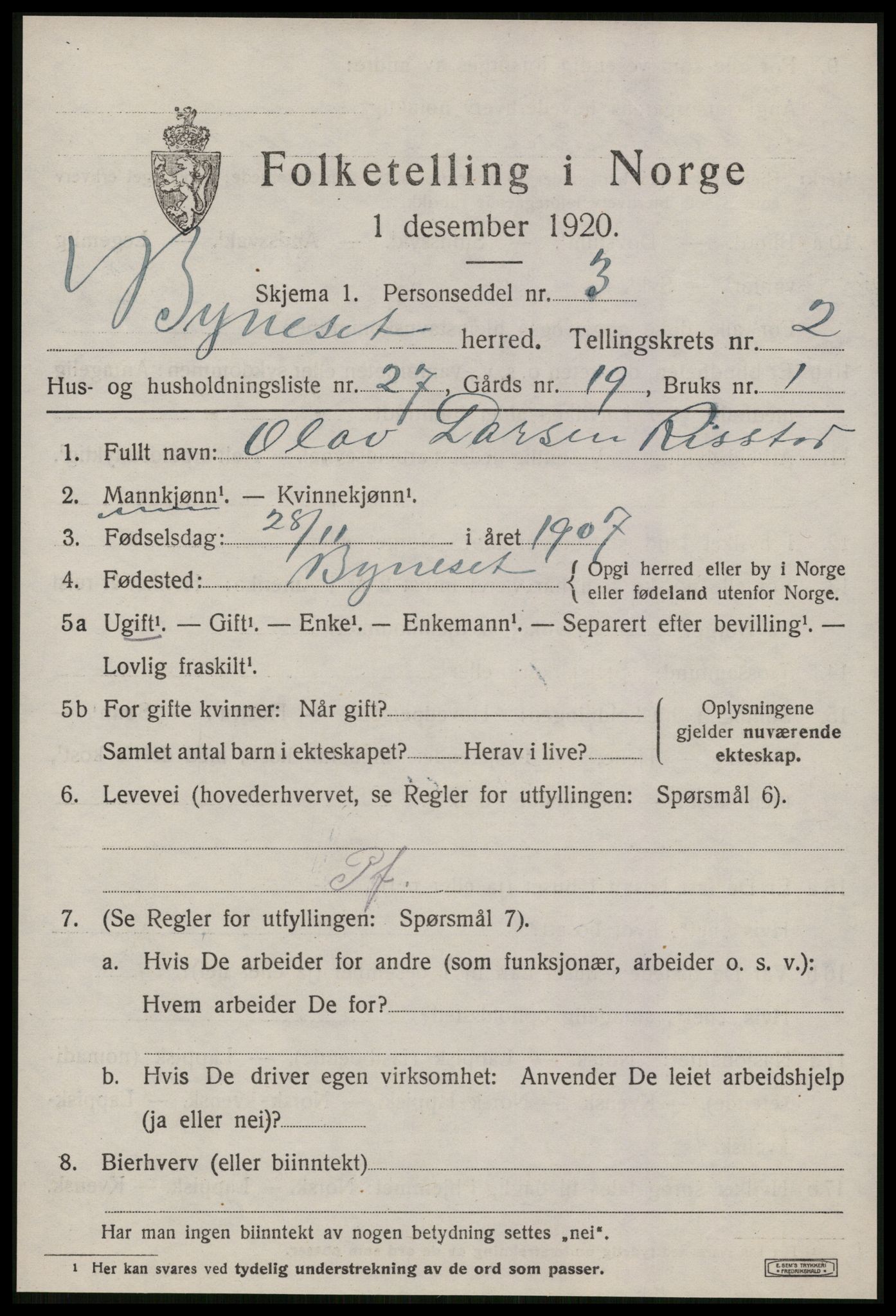 SAT, 1920 census for Byneset, 1920, p. 1576
