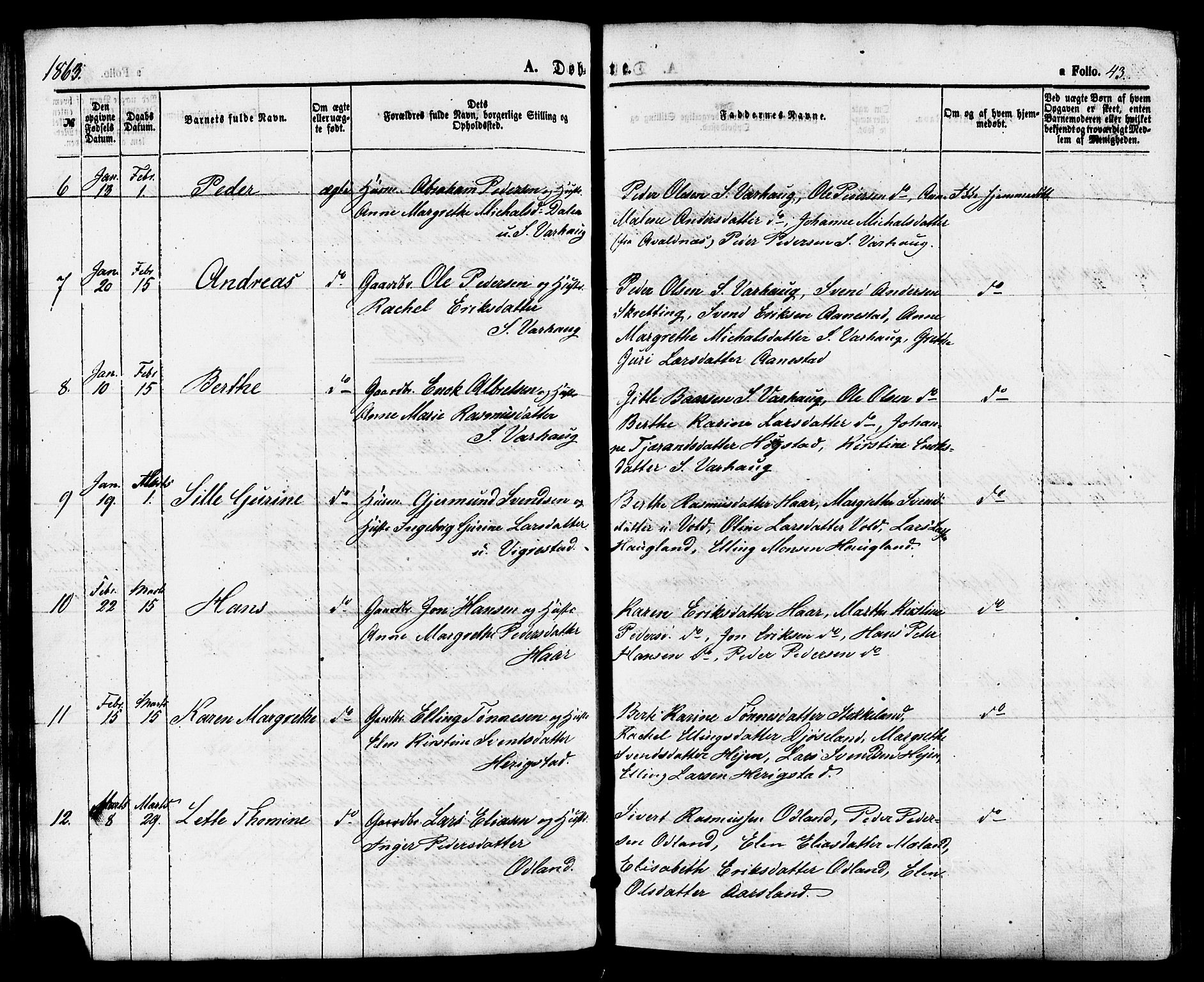 Hå sokneprestkontor, AV/SAST-A-101801/001/30BA/L0009: Parish register (official) no. A 8, 1855-1878, p. 43