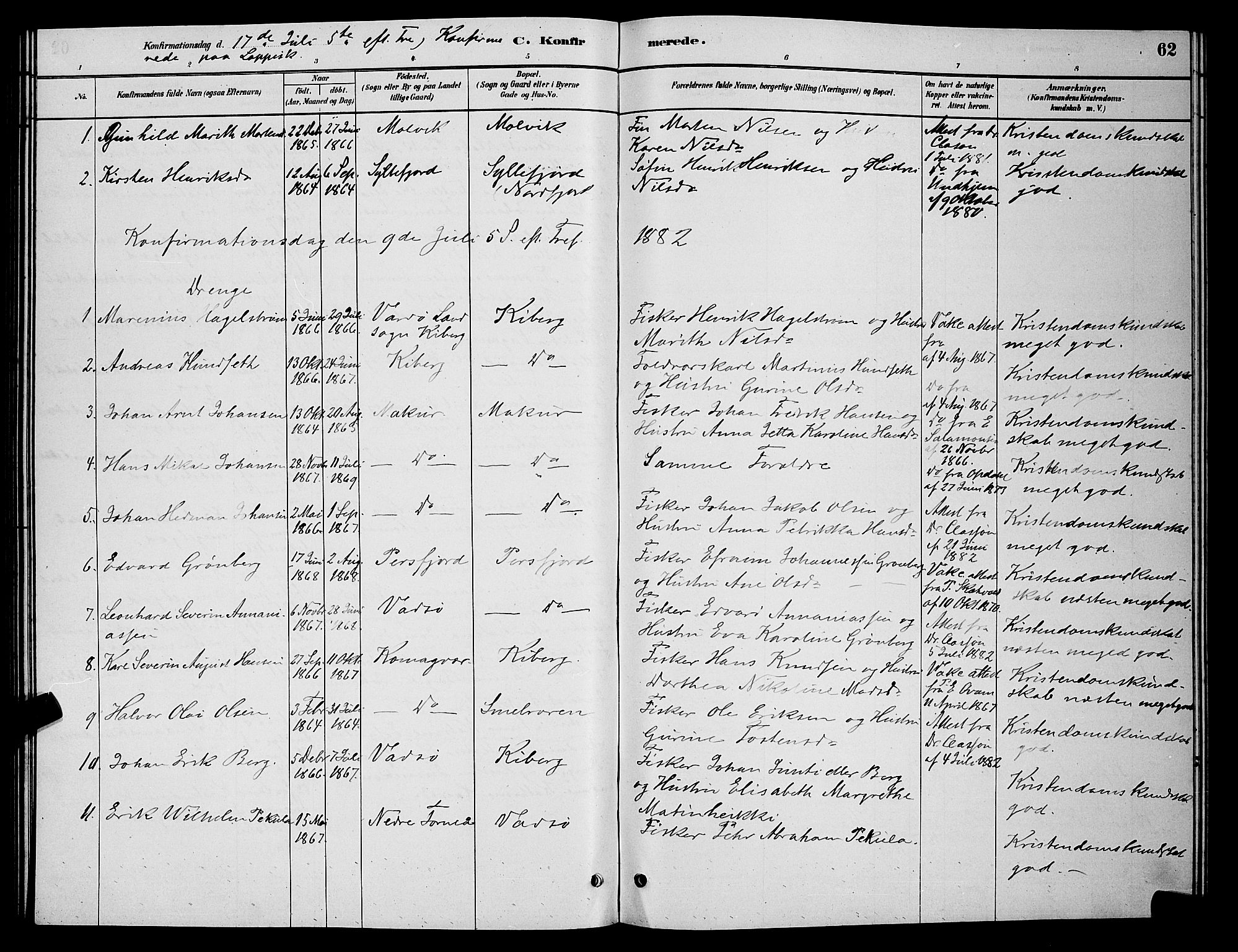 Vardø sokneprestkontor, AV/SATØ-S-1332/H/Hb/L0006klokker: Parish register (copy) no. 6, 1879-1887, p. 62