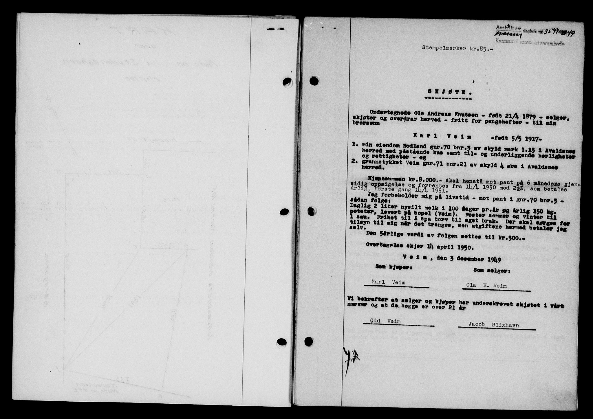 Karmsund sorenskriveri, SAST/A-100311/01/II/IIB/L0098: Mortgage book no. 78A, 1949-1950, Diary no: : 3547/1949