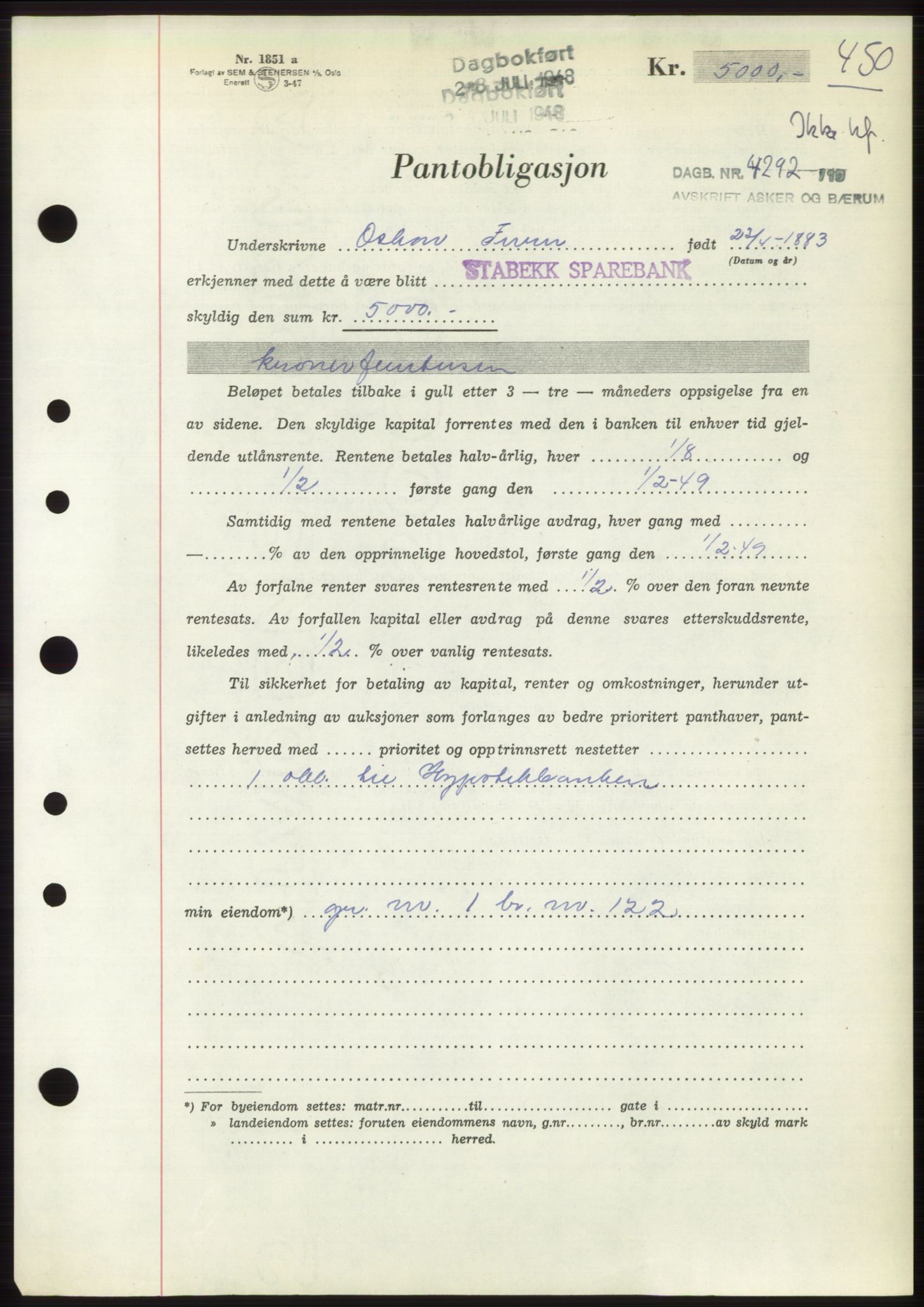 Asker og Bærum sorenskriveri, AV/SAO-A-10379a/G/Gb/Gbb/L0002: Mortgage book no. B87, 1948-1948, Diary no: : 4292/1948