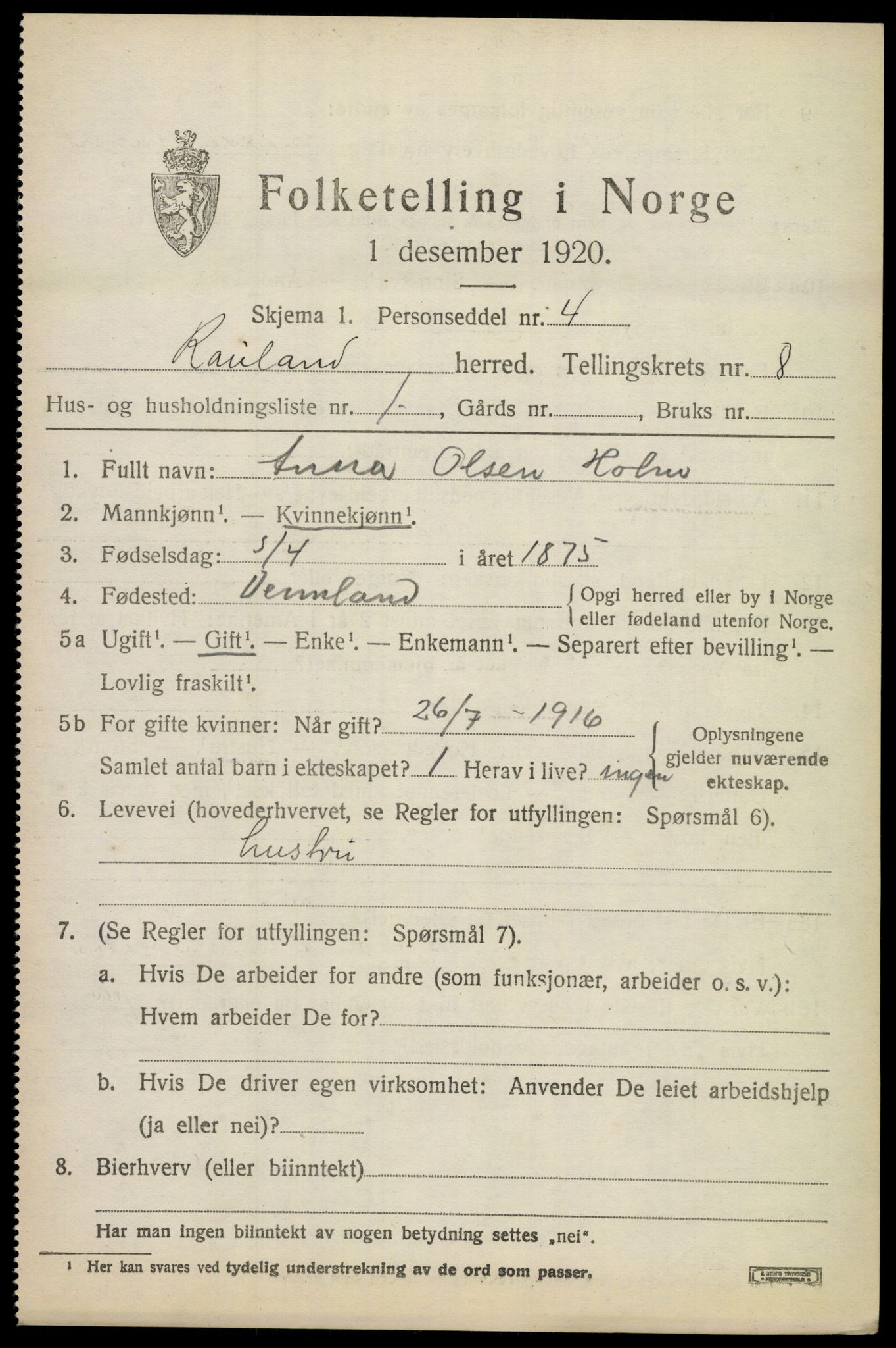 SAKO, 1920 census for Rauland, 1920, p. 1802