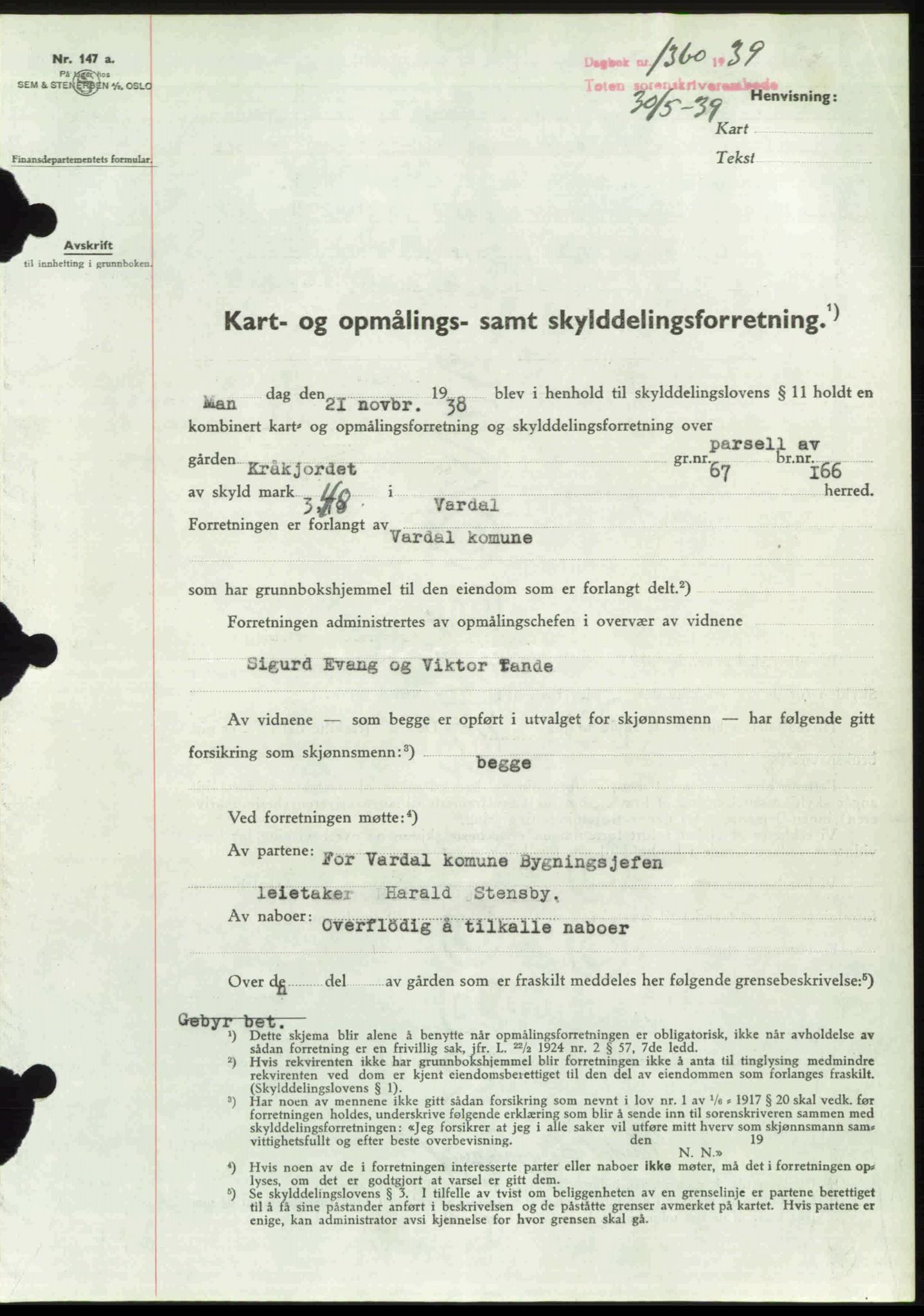 Toten tingrett, SAH/TING-006/H/Hb/Hbc/L0006: Mortgage book no. Hbc-06, 1939-1939, Diary no: : 1360/1939