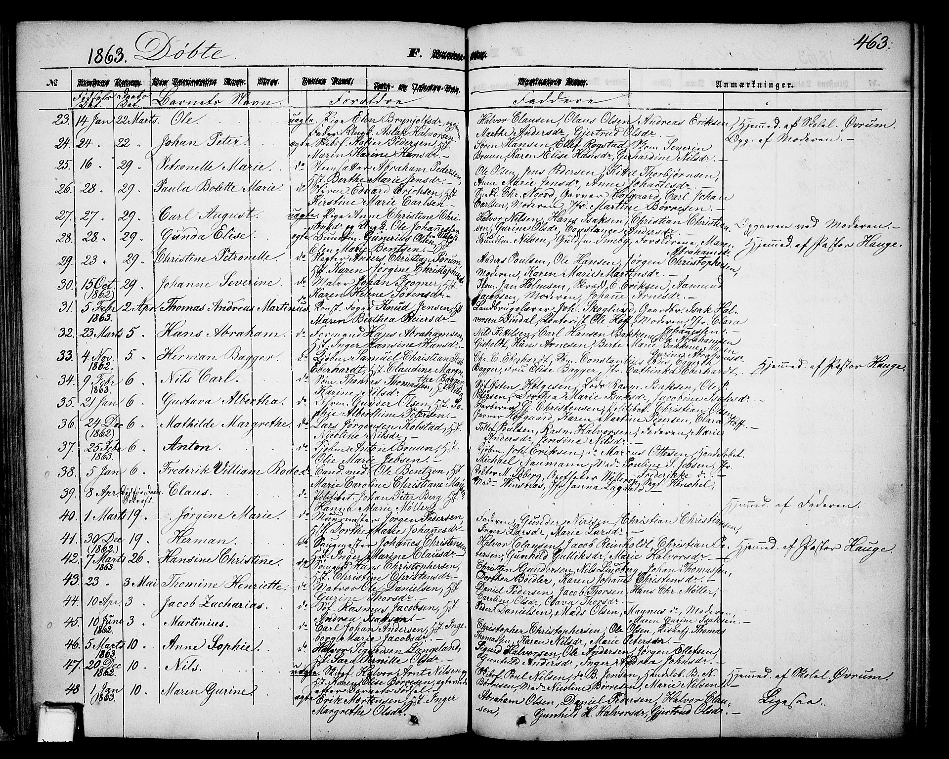 Skien kirkebøker, SAKO/A-302/G/Ga/L0004: Parish register (copy) no. 4, 1843-1867, p. 463