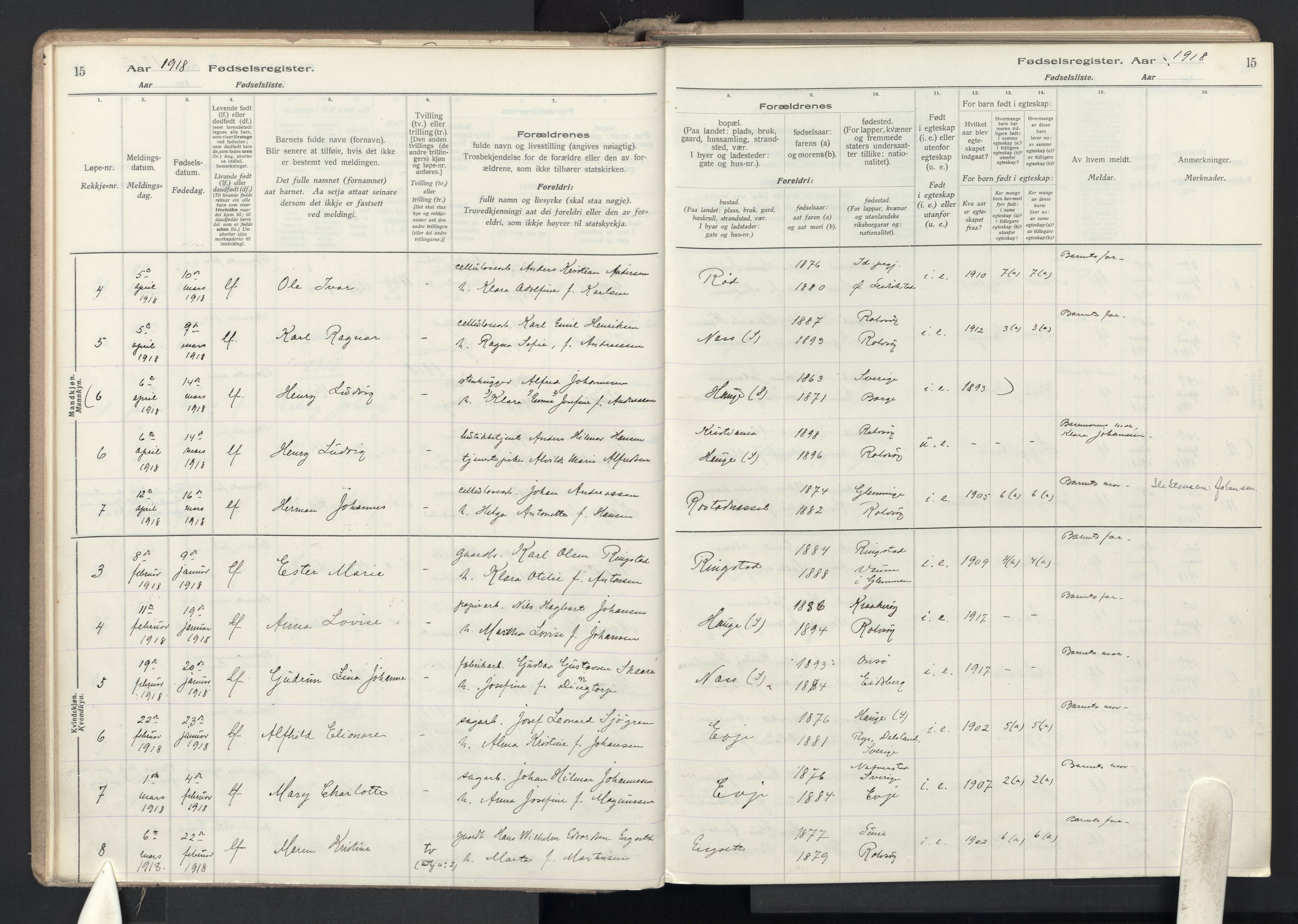 Rolvsøy prestekontor Kirkebøker, SAO/A-2004/J/Ja/L0001: Birth register no. 1, 1916-1946, p. 15