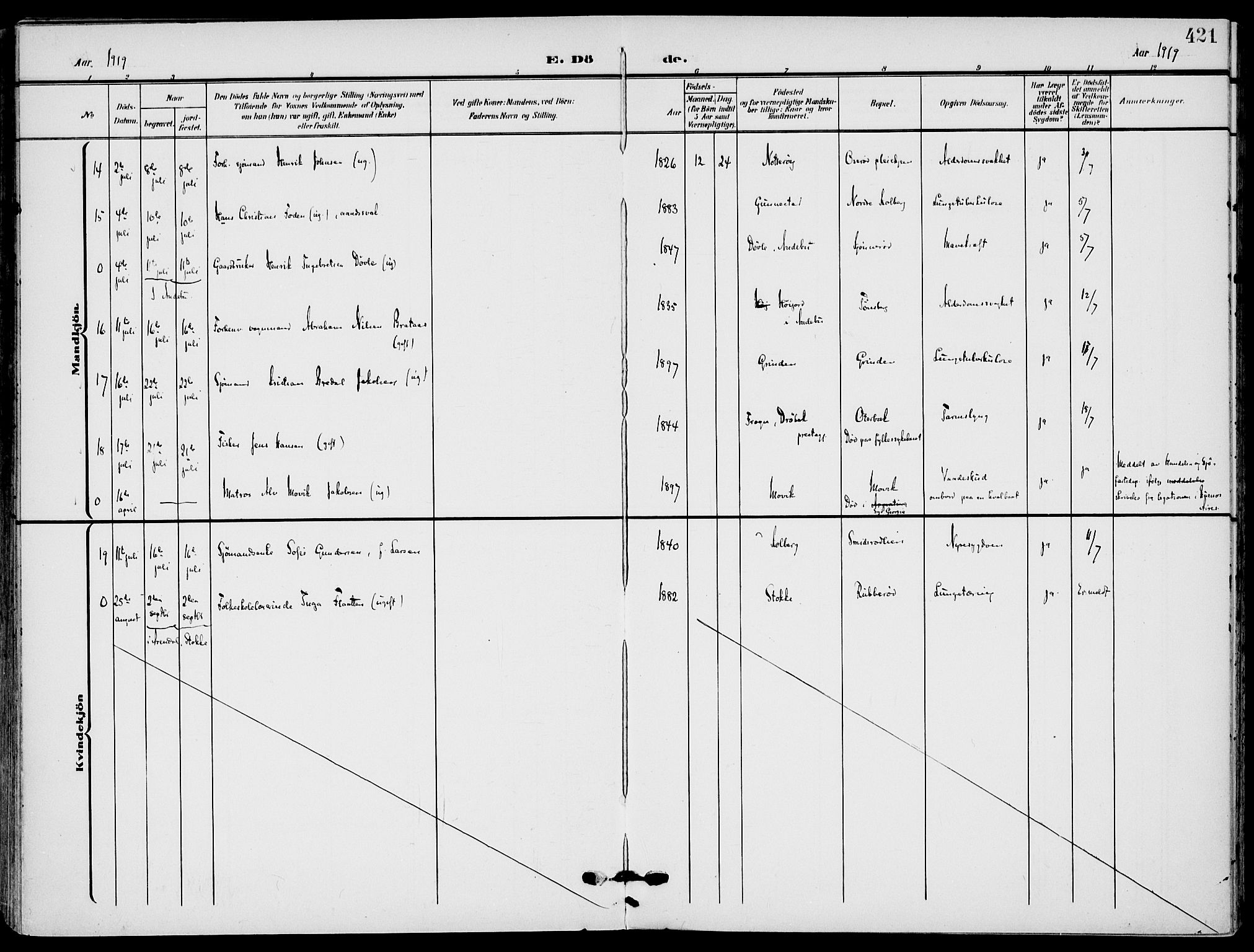 Nøtterøy kirkebøker, AV/SAKO-A-354/F/Fa/L0010: Parish register (official) no. I 10, 1908-1919, p. 421