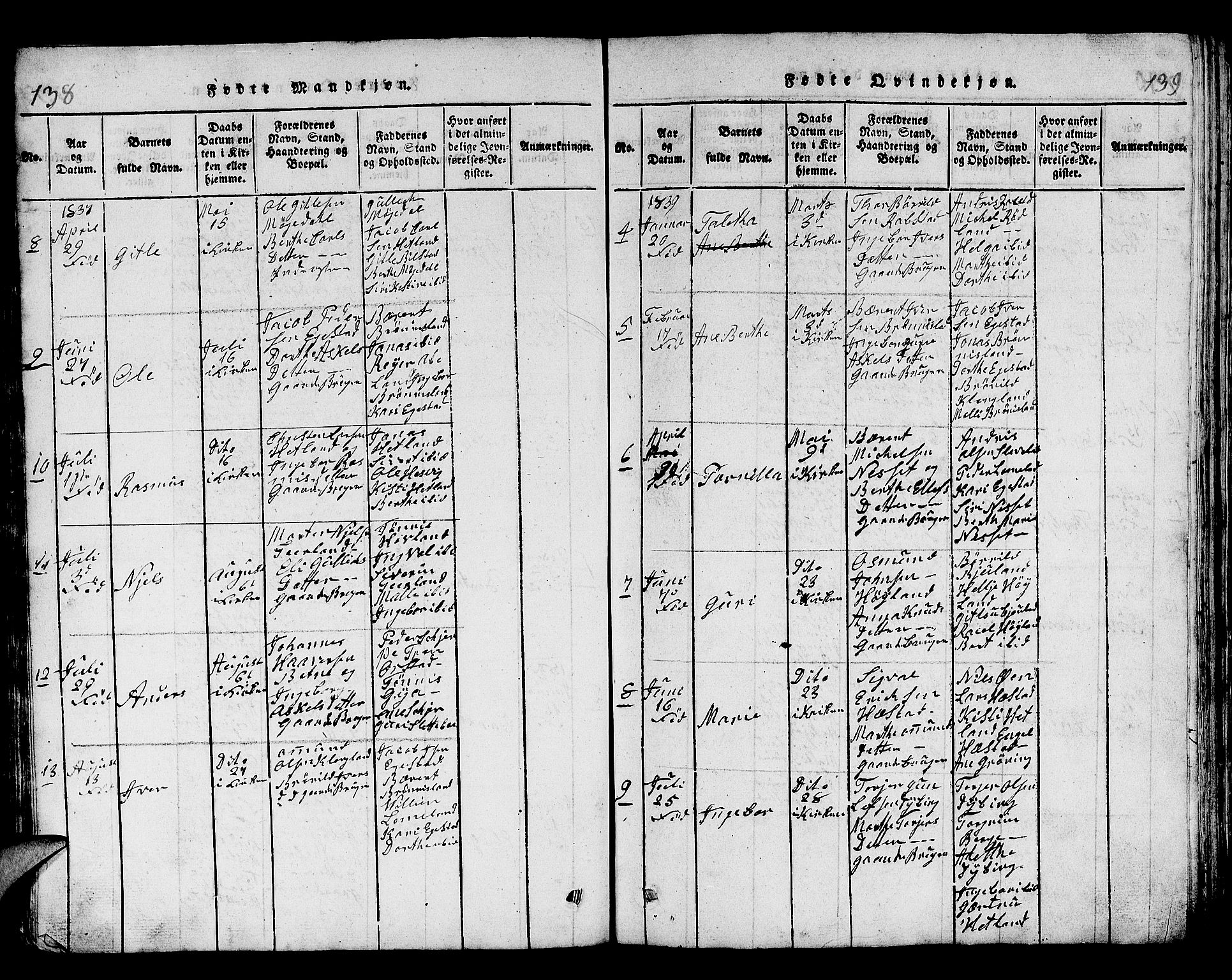 Helleland sokneprestkontor, SAST/A-101810: Parish register (copy) no. B 1, 1815-1841, p. 138-139