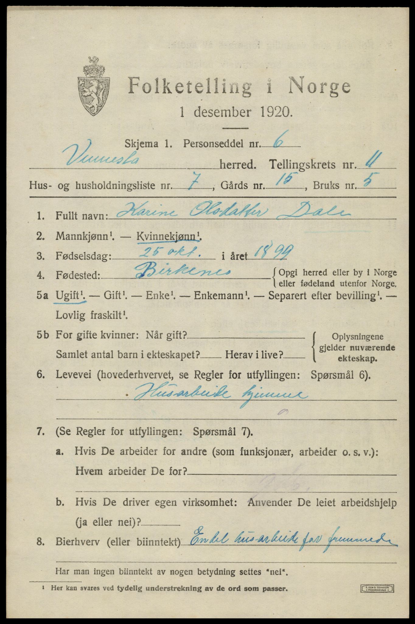 SAK, 1920 census for Vennesla, 1920, p. 7206