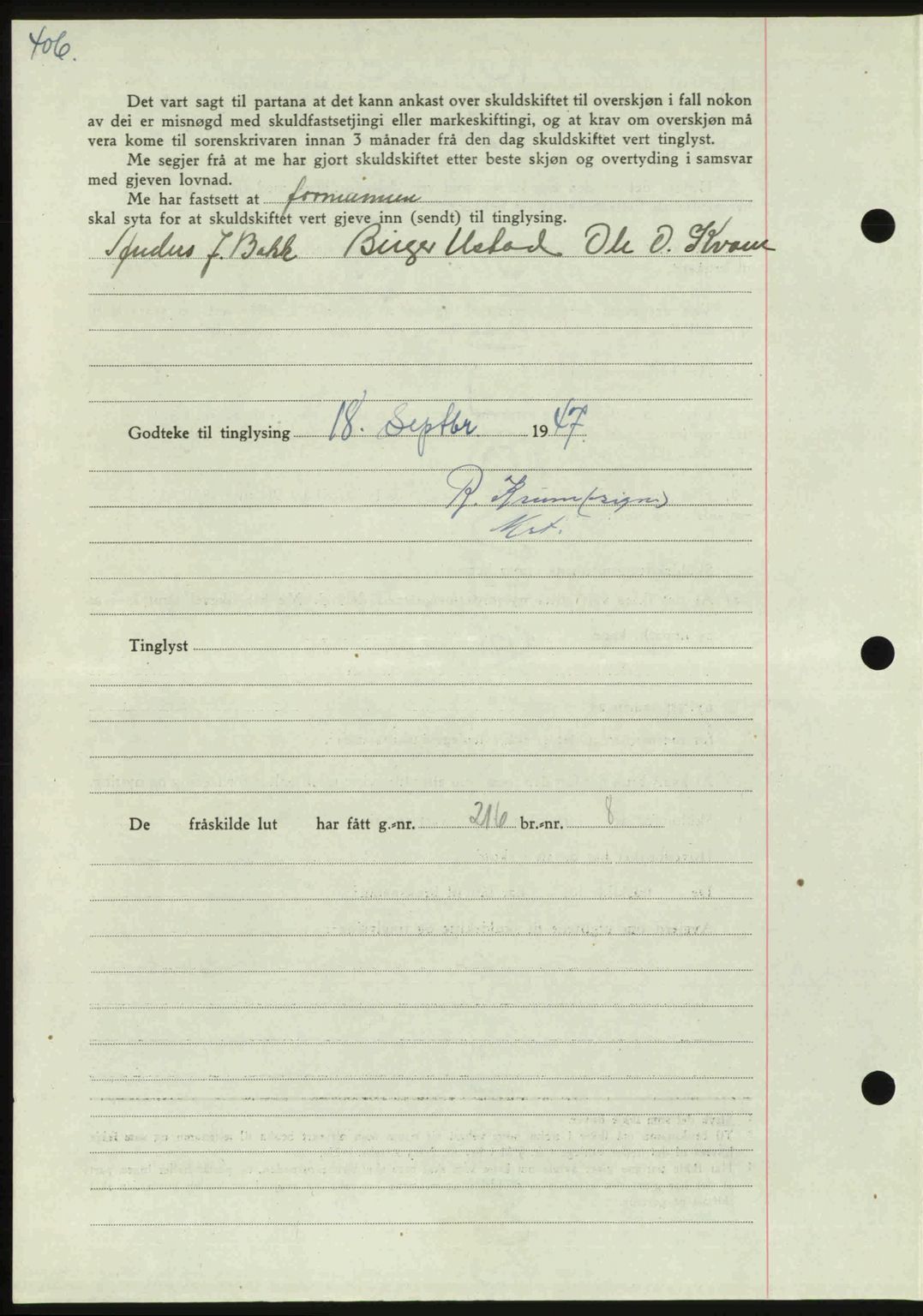 Orkdal sorenskriveri, AV/SAT-A-4169/1/2/2C: Mortgage book no. A, 1947-1947, Diary no: : 1182/1947