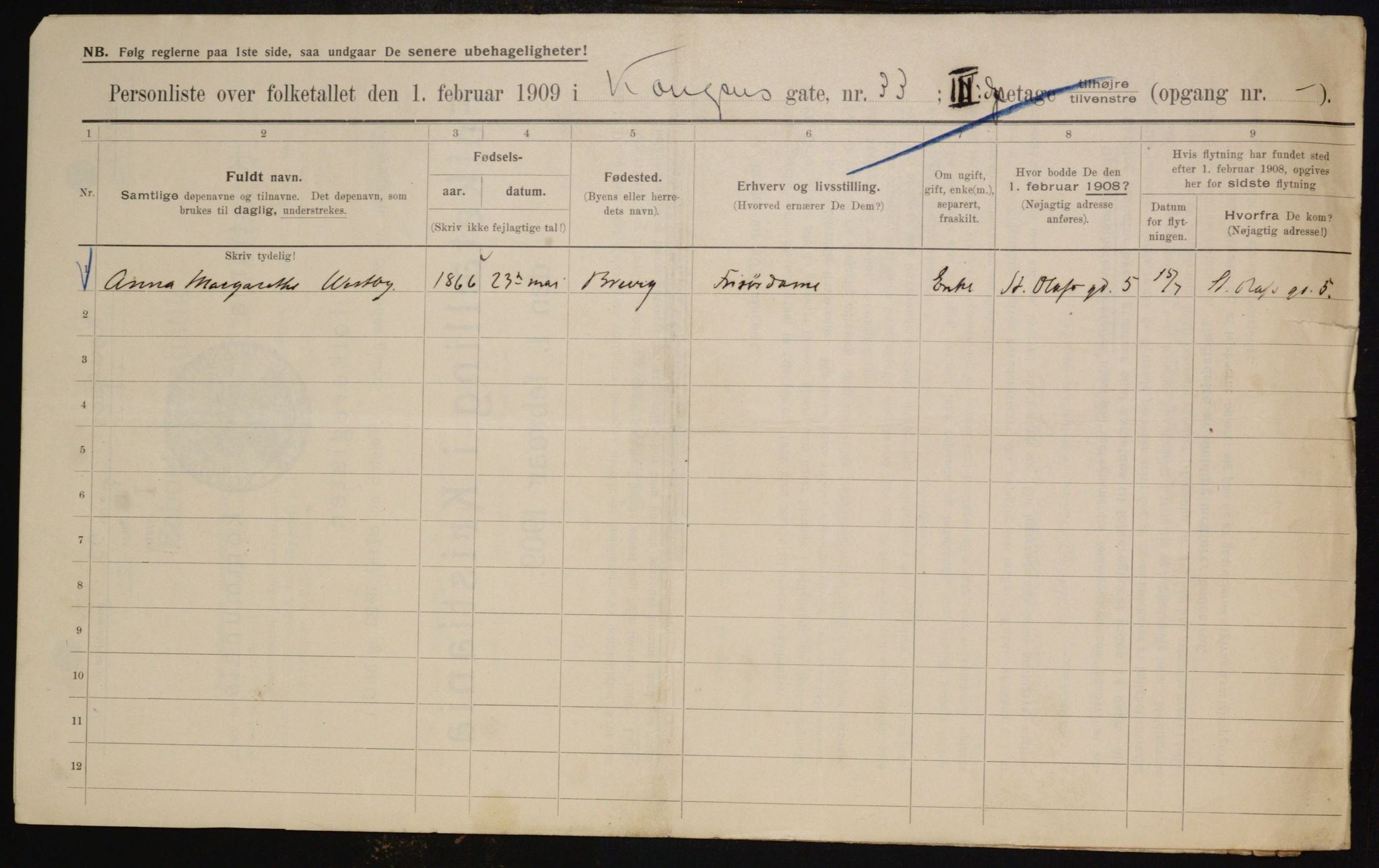 OBA, Municipal Census 1909 for Kristiania, 1909, p. 48316