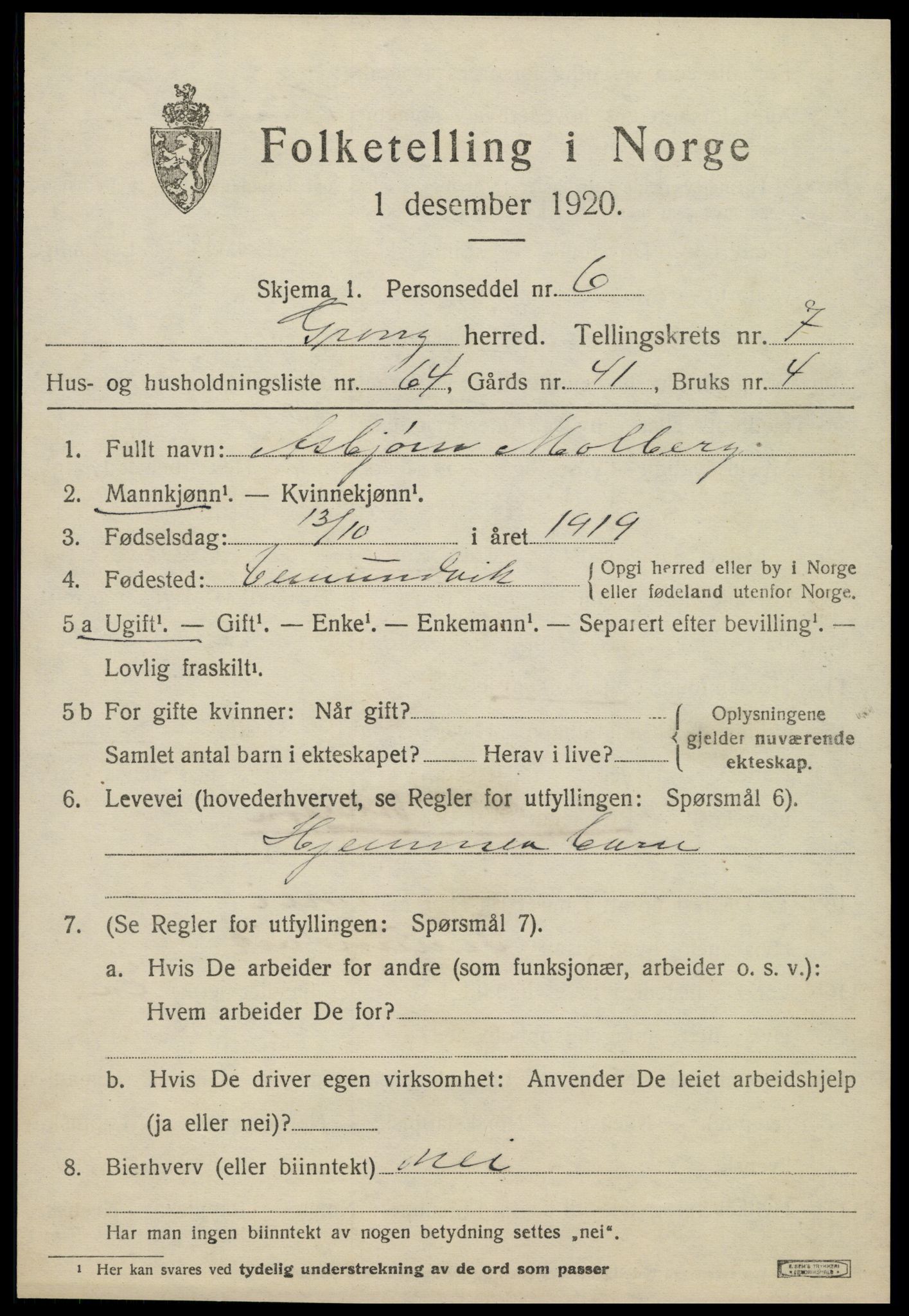 SAT, 1920 census for Grong, 1920, p. 4825