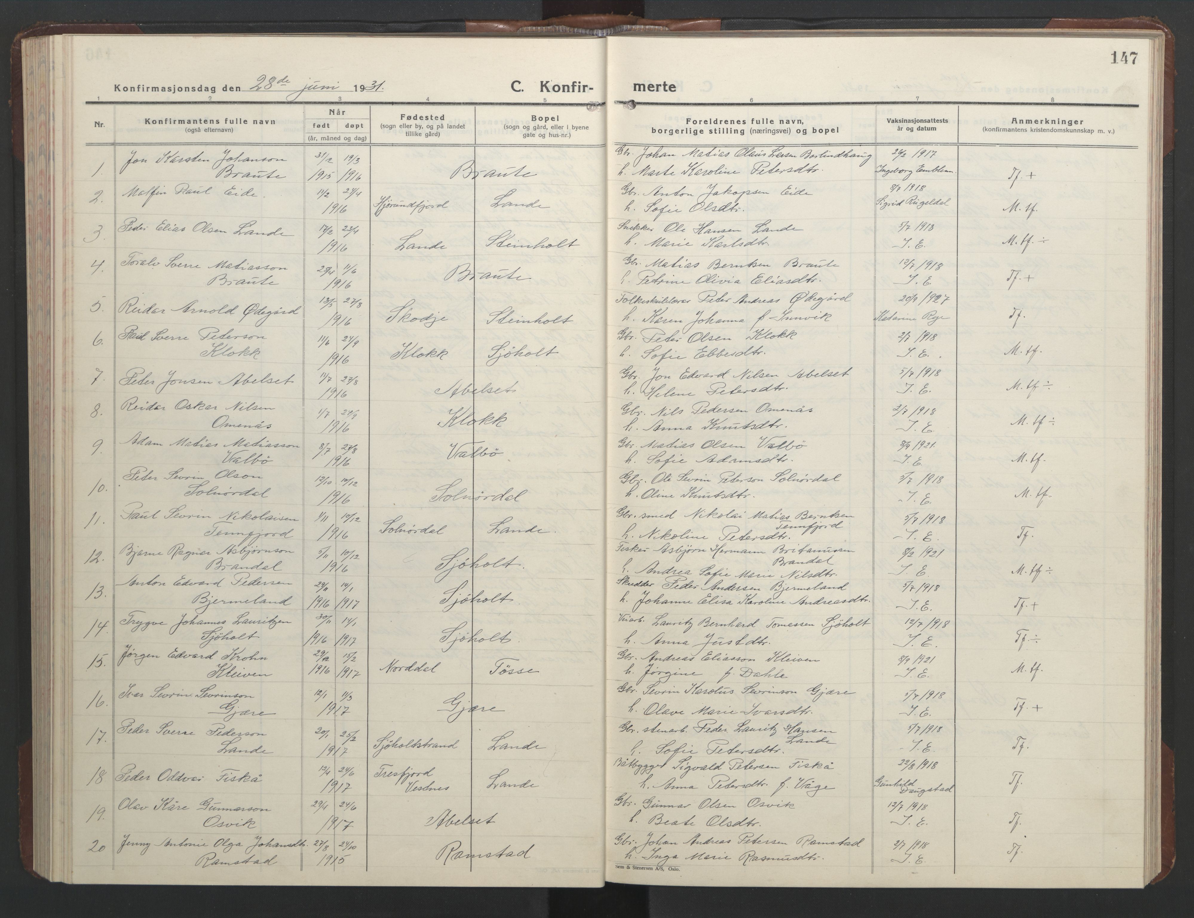Ministerialprotokoller, klokkerbøker og fødselsregistre - Møre og Romsdal, SAT/A-1454/522/L0329: Parish register (copy) no. 522C08, 1926-1951, p. 147