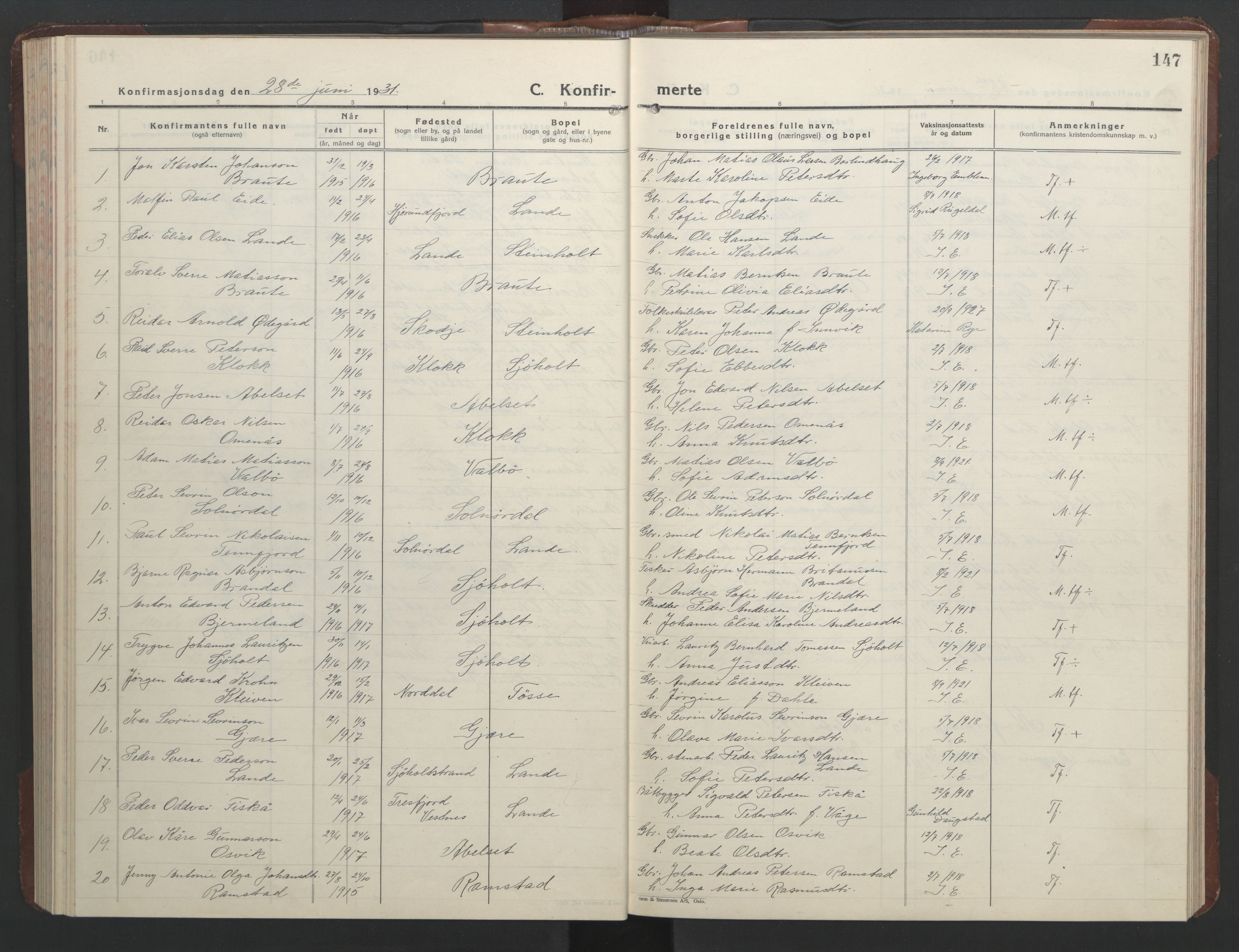 Ministerialprotokoller, klokkerbøker og fødselsregistre - Møre og Romsdal, AV/SAT-A-1454/522/L0329: Parish register (copy) no. 522C08, 1926-1951, p. 147