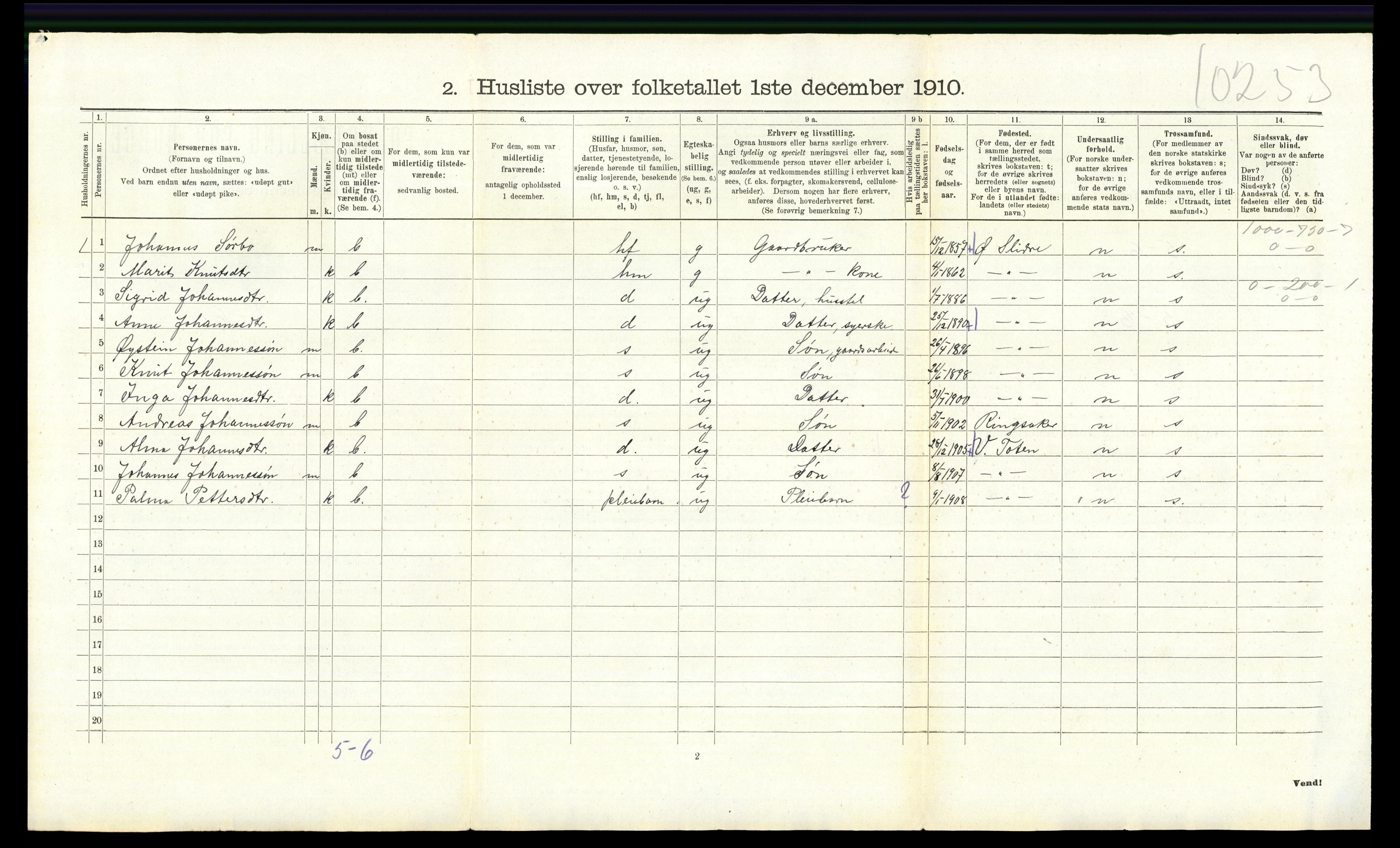 RA, 1910 census for Nes, 1910, p. 1066