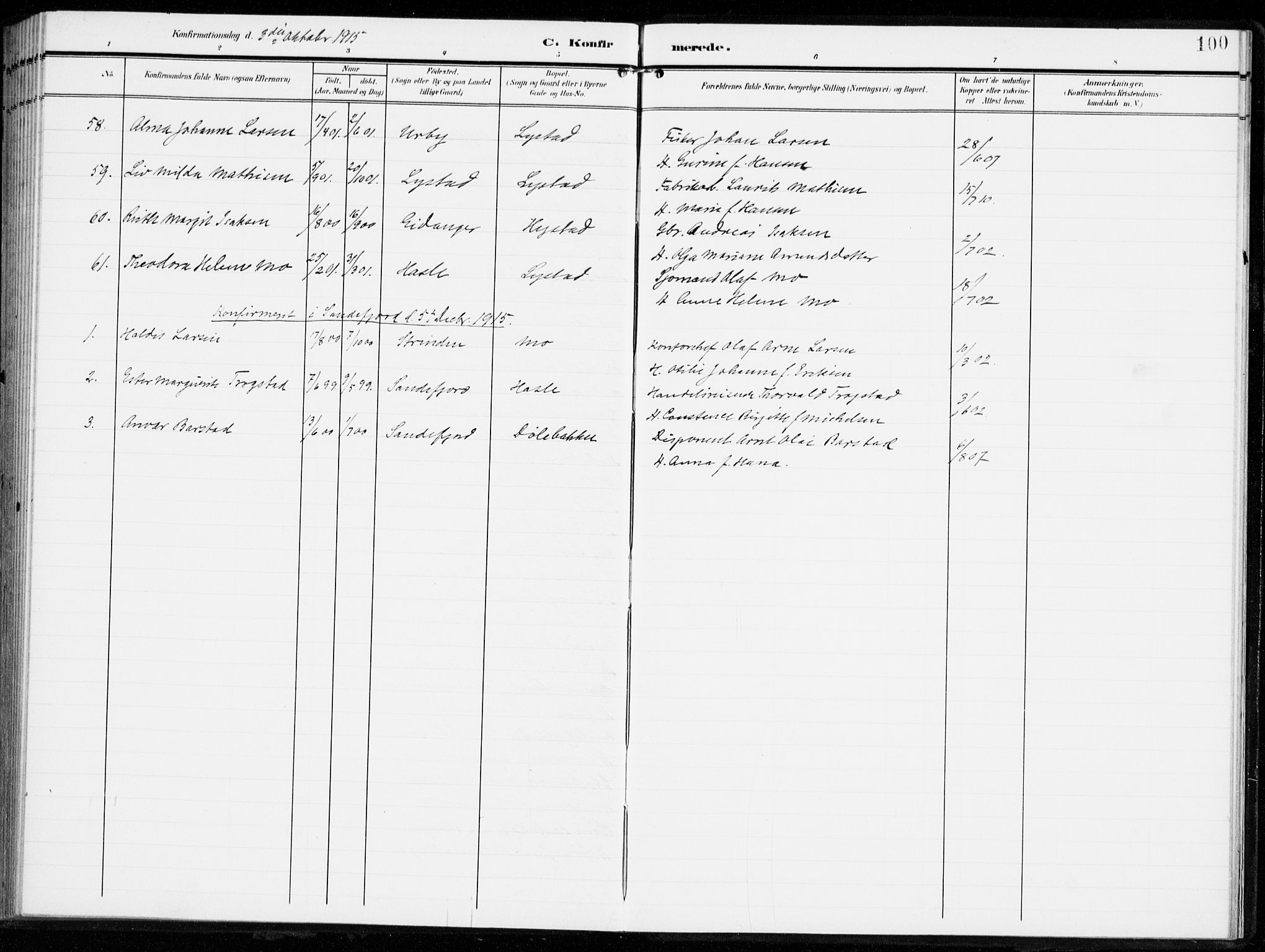 Sandar kirkebøker, AV/SAKO-A-243/F/Fa/L0017: Parish register (official) no. 17, 1907-1917, p. 100