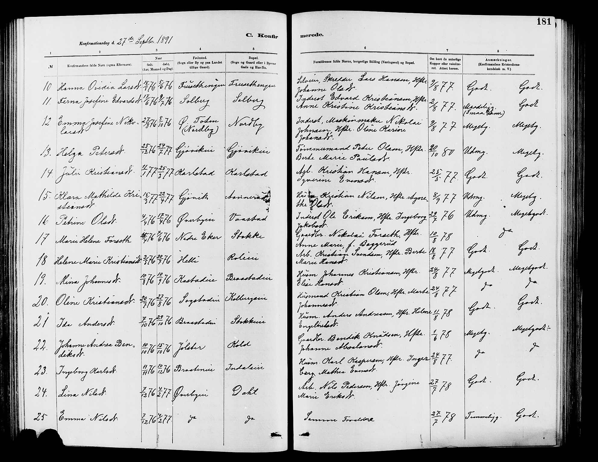 Vardal prestekontor, SAH/PREST-100/H/Ha/Hab/L0007: Parish register (copy) no. 7 /1, 1881-1895, p. 181