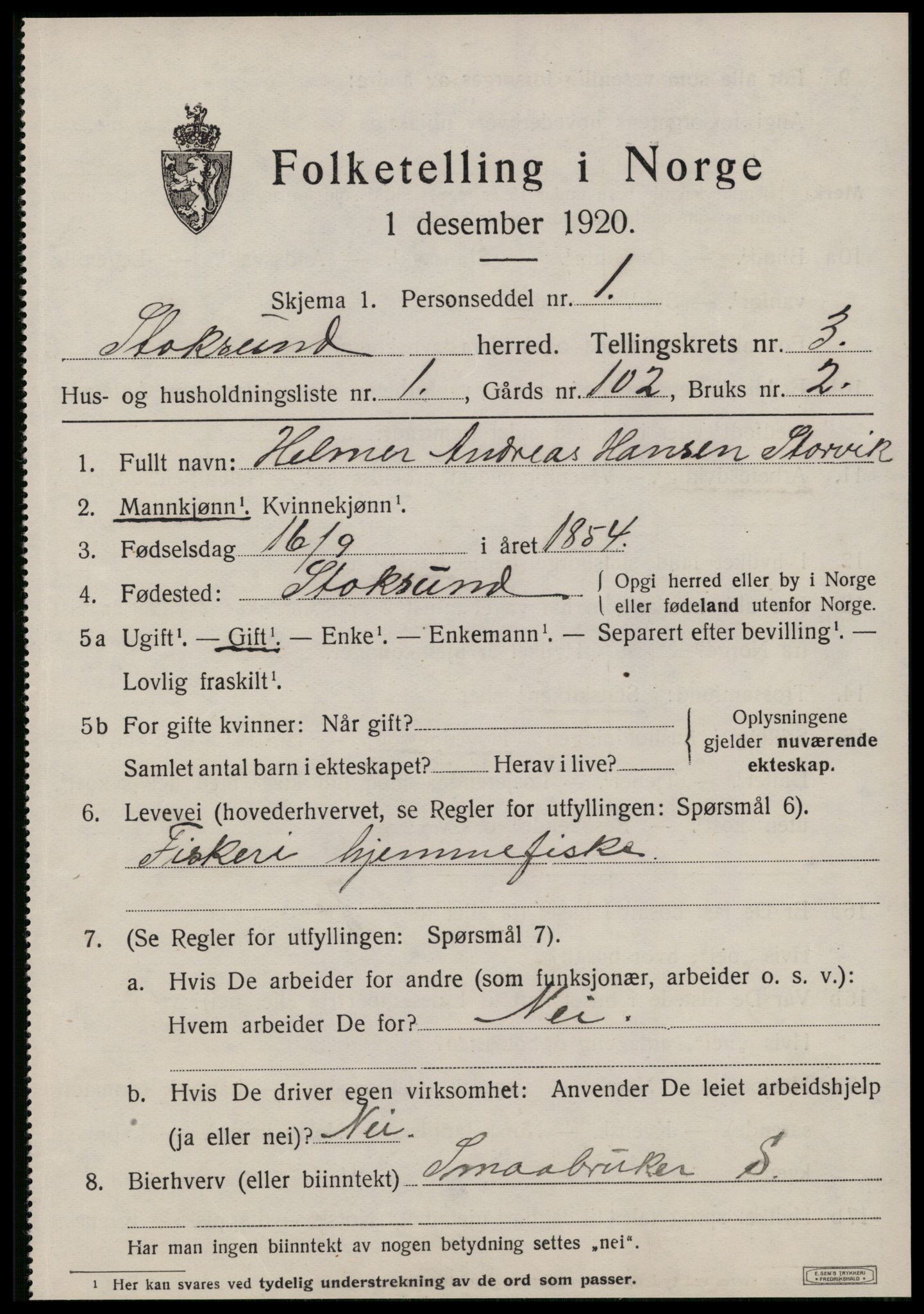 SAT, 1920 census for Stoksund, 1920, p. 1462