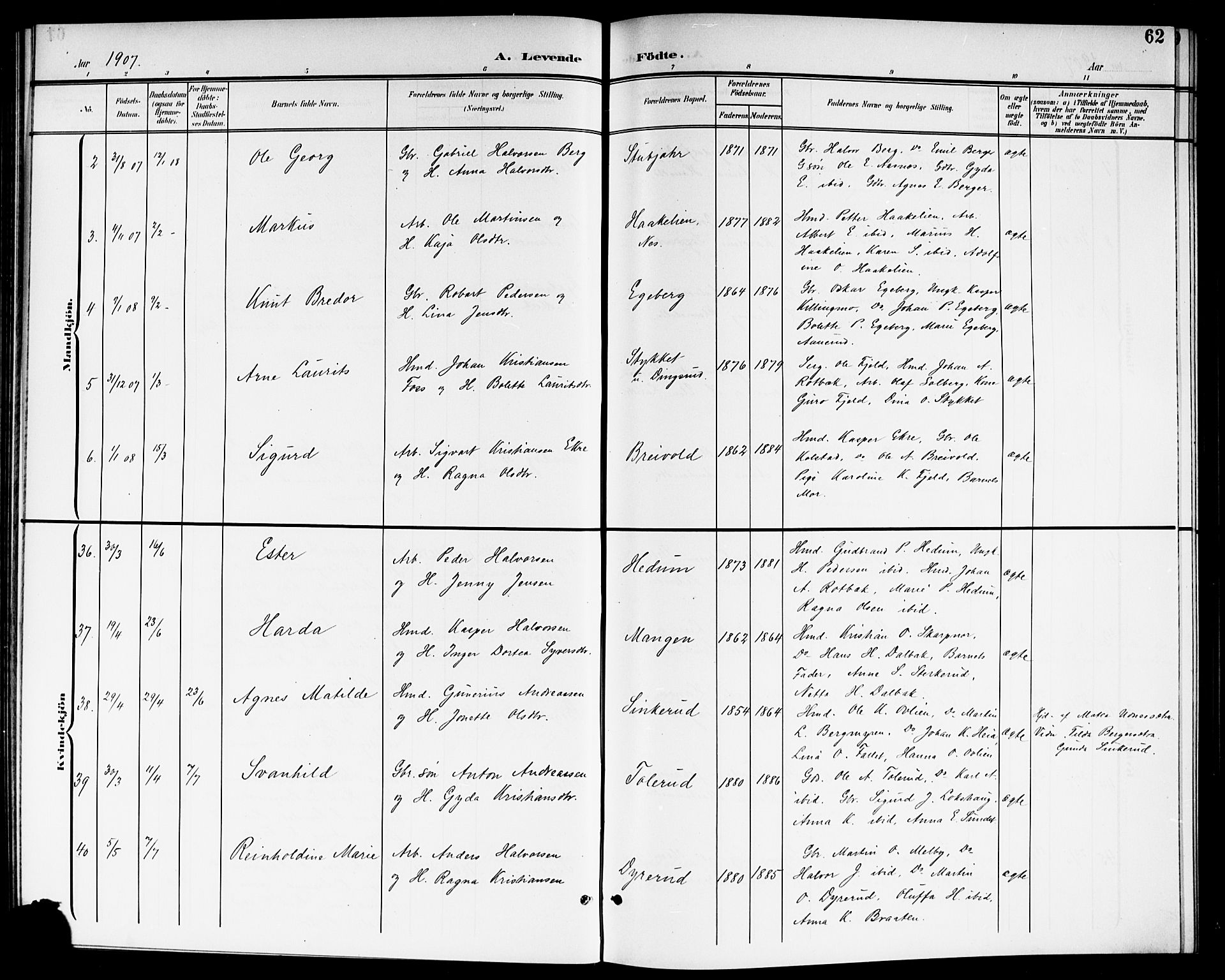 Aurskog prestekontor Kirkebøker, SAO/A-10304a/G/Ga/L0004: Parish register (copy) no. I 4, 1901-1921, p. 62