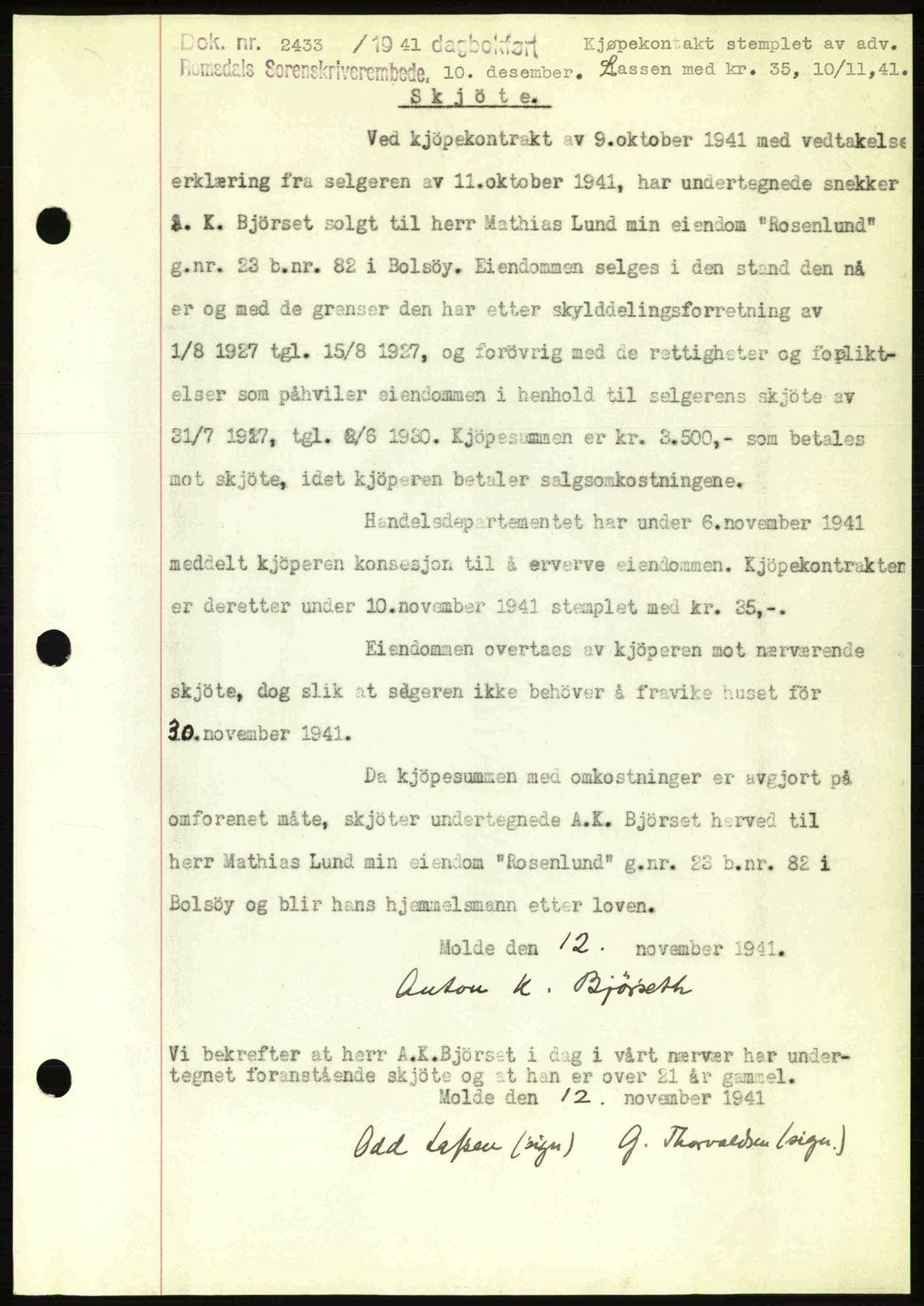 Romsdal sorenskriveri, AV/SAT-A-4149/1/2/2C: Mortgage book no. A11, 1941-1942, Diary no: : 2433/1941