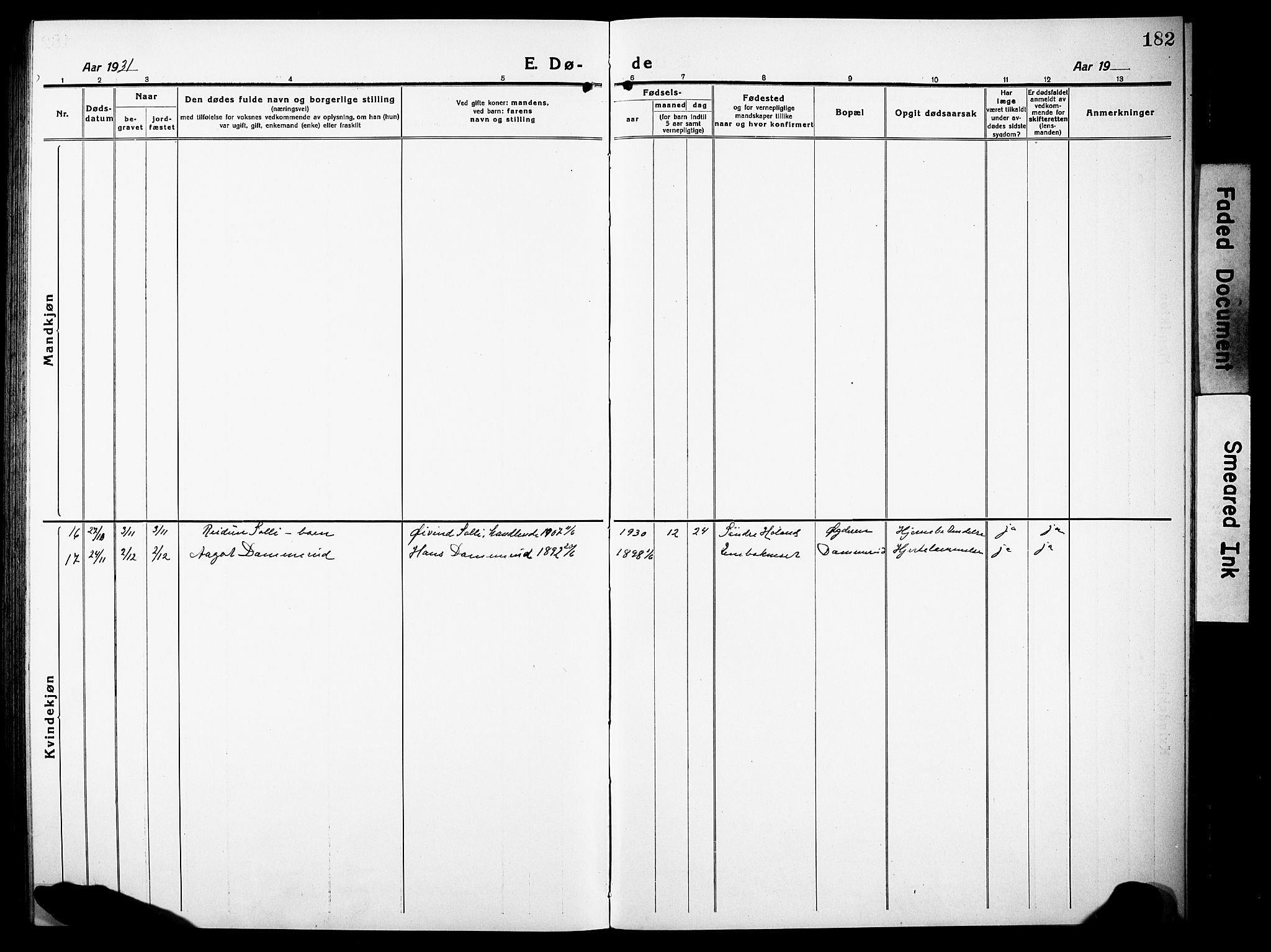 Høland prestekontor Kirkebøker, SAO/A-10346a/G/Gb/L0002: Parish register (copy) no. II 2, 1915-1933, p. 182