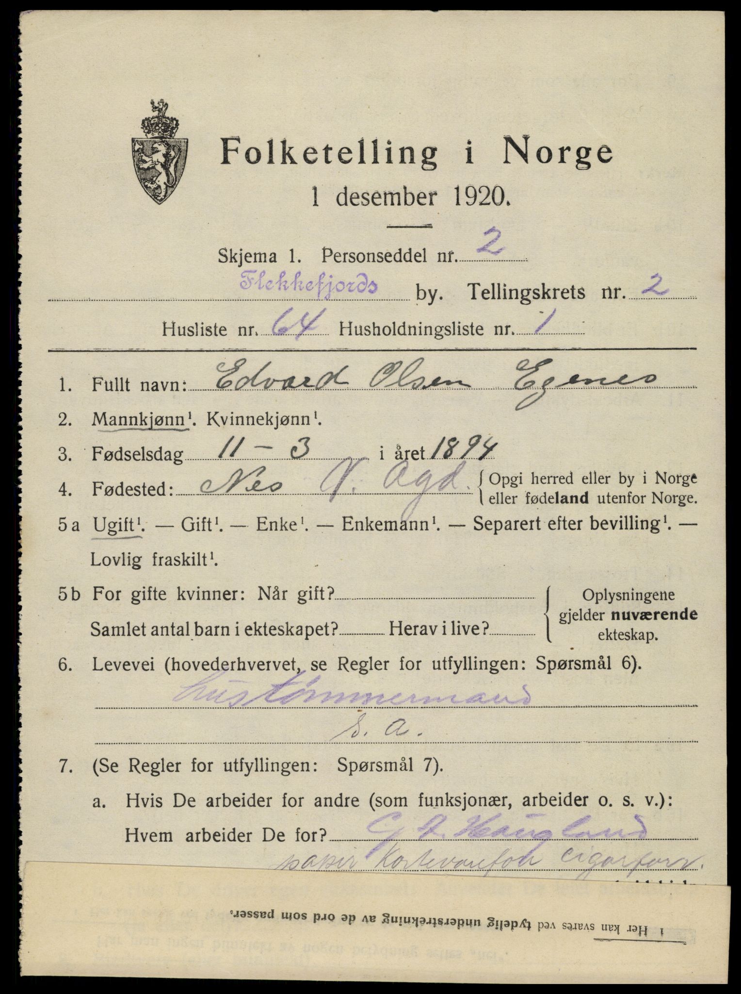 SAK, 1920 census for Flekkefjord, 1920, p. 3256