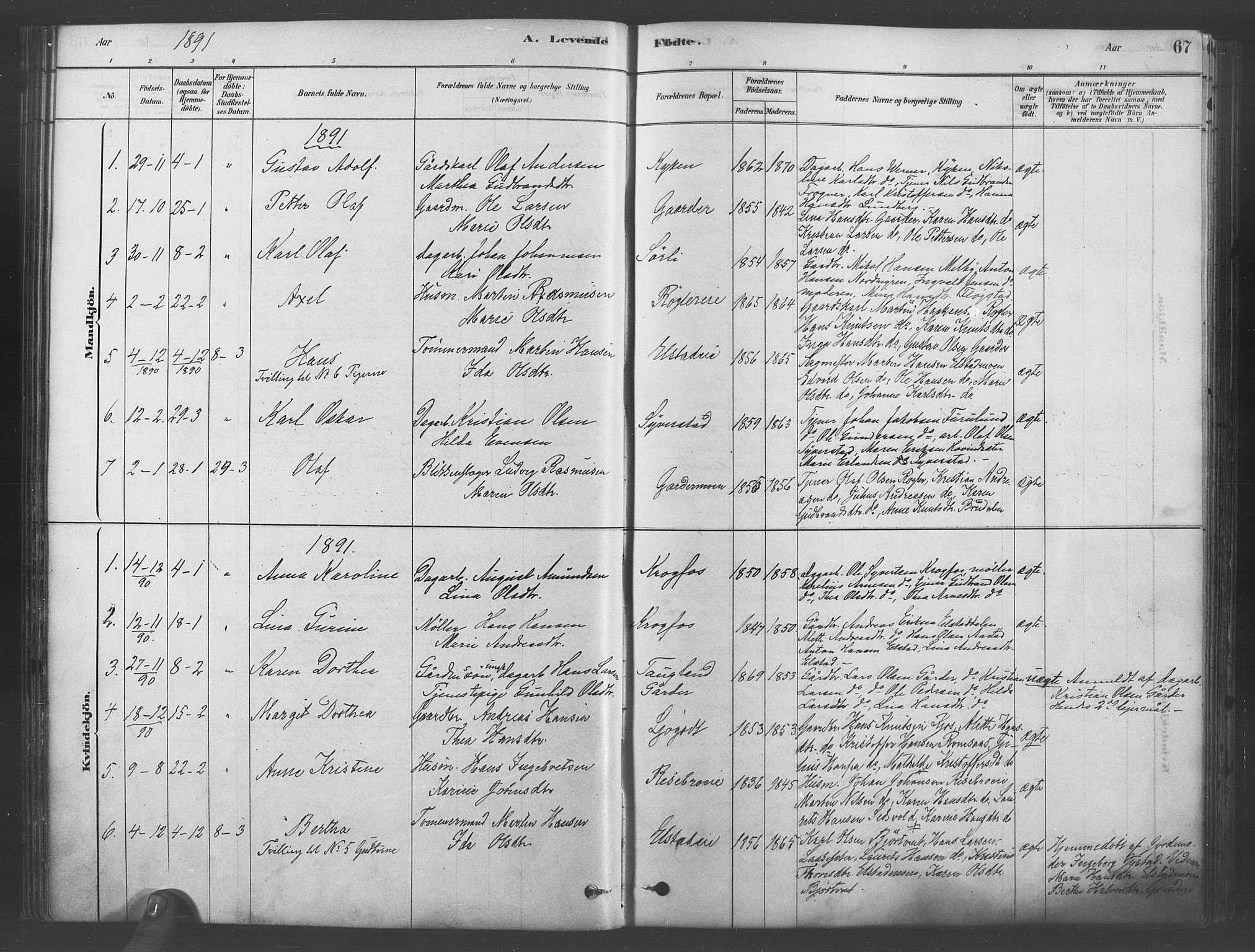 Ullensaker prestekontor Kirkebøker, AV/SAO-A-10236a/F/Fb/L0001: Parish register (official) no. II 1, 1878-1893, p. 67