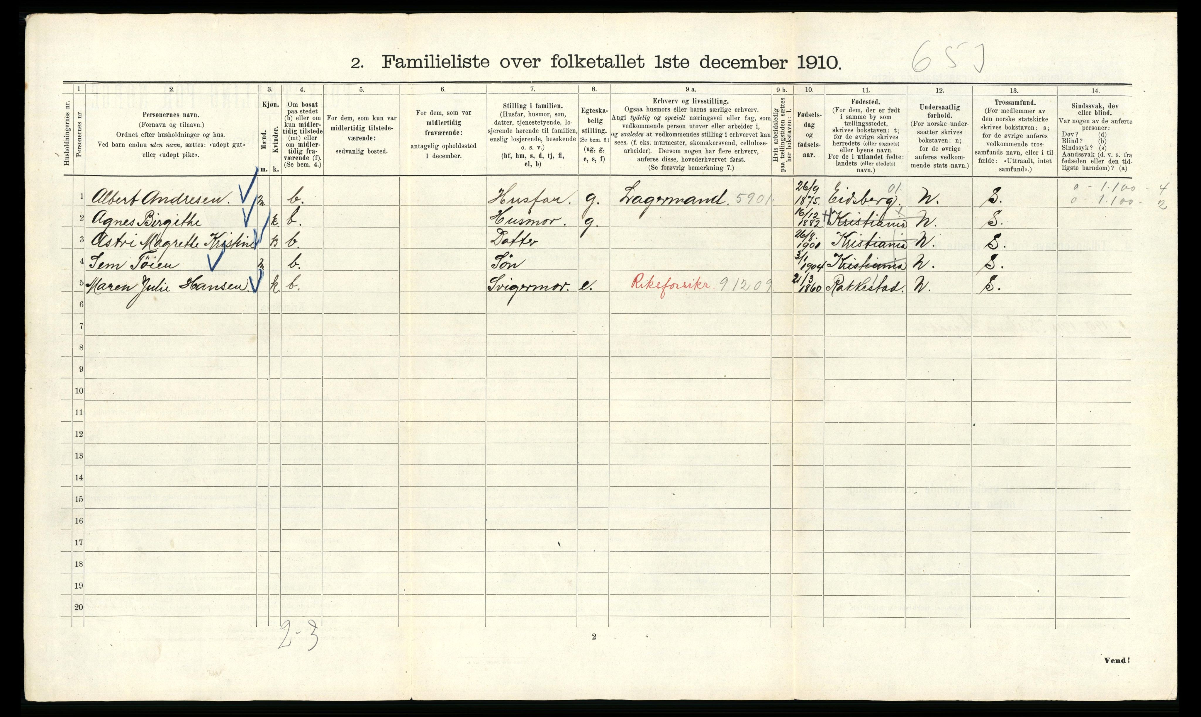 RA, 1910 census for Kristiania, 1910, p. 91062