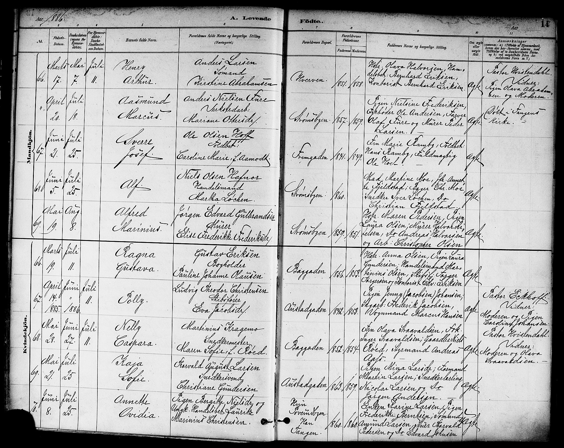 Strømsø kirkebøker, AV/SAKO-A-246/F/Fa/L0023: Parish register (official) no. I 23, 1885-1894, p. 14