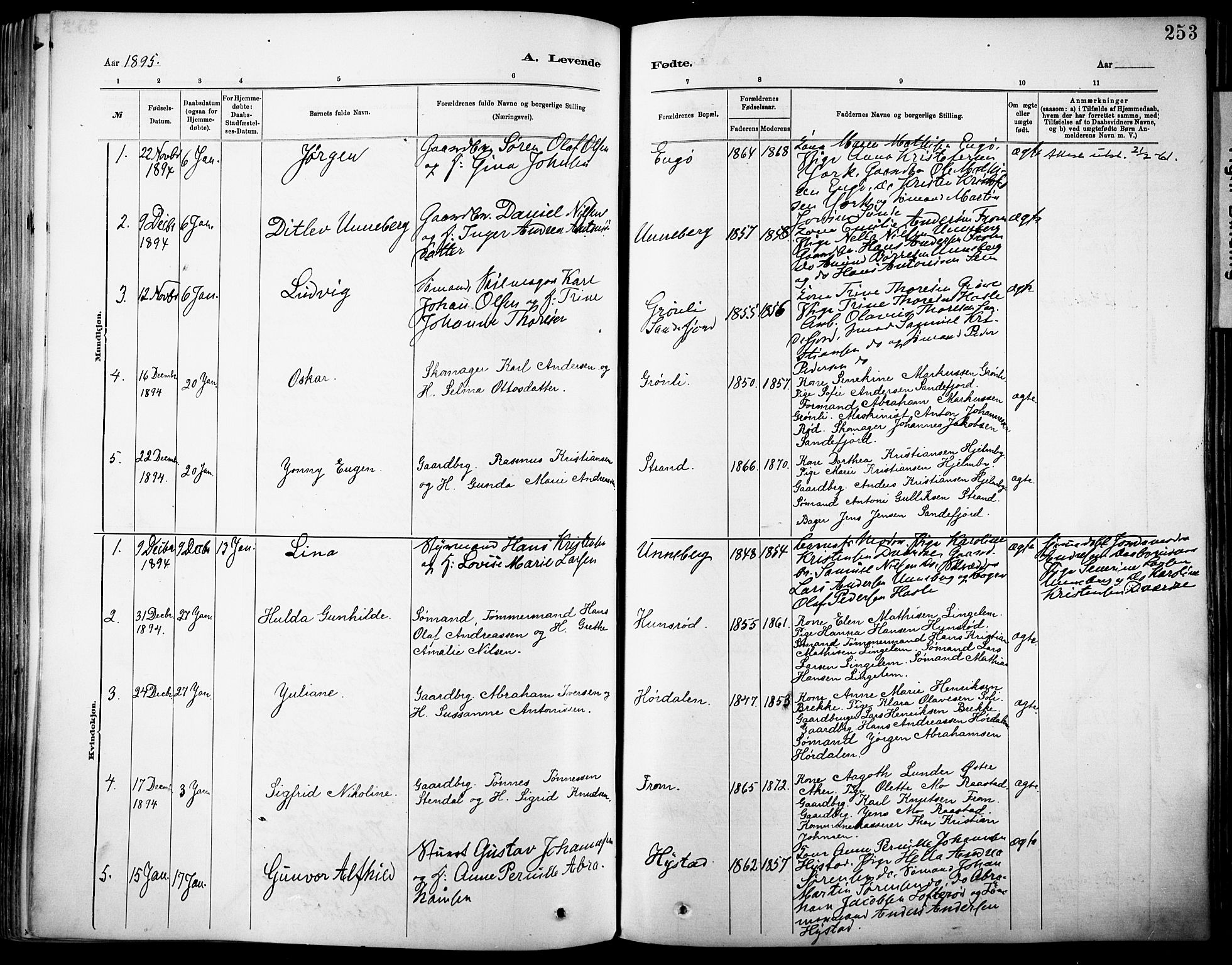 Sandar kirkebøker, SAKO/A-243/F/Fa/L0012: Parish register (official) no. 12, 1883-1895, p. 253