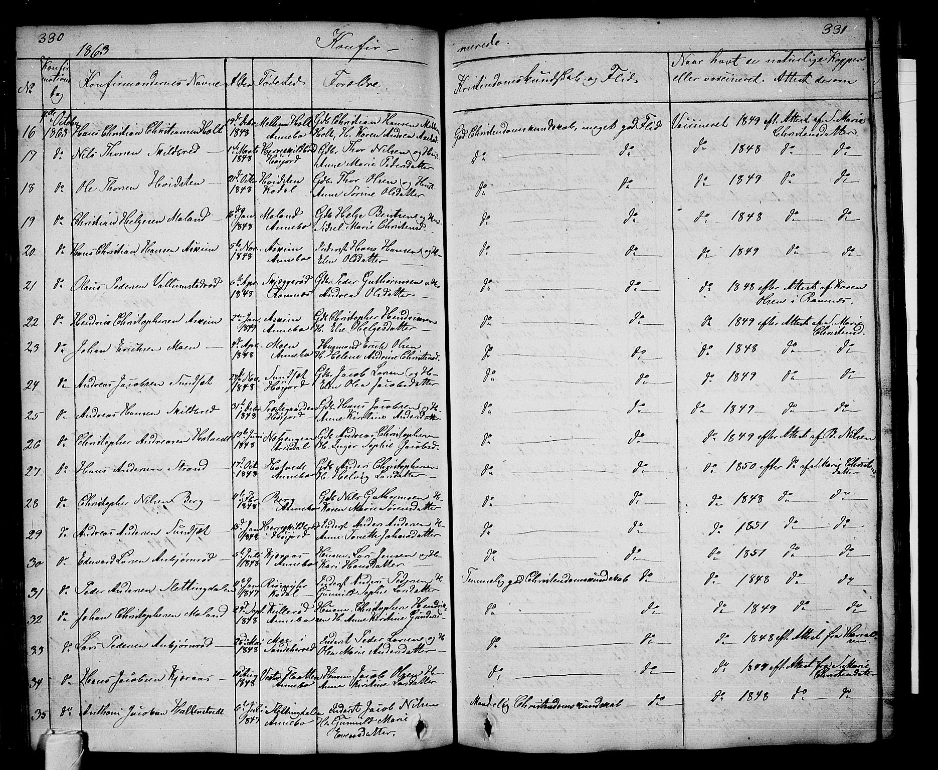 Andebu kirkebøker, AV/SAKO-A-336/G/Ga/L0003: Parish register (copy) no. I 3, 1832-1867, p. 330-331