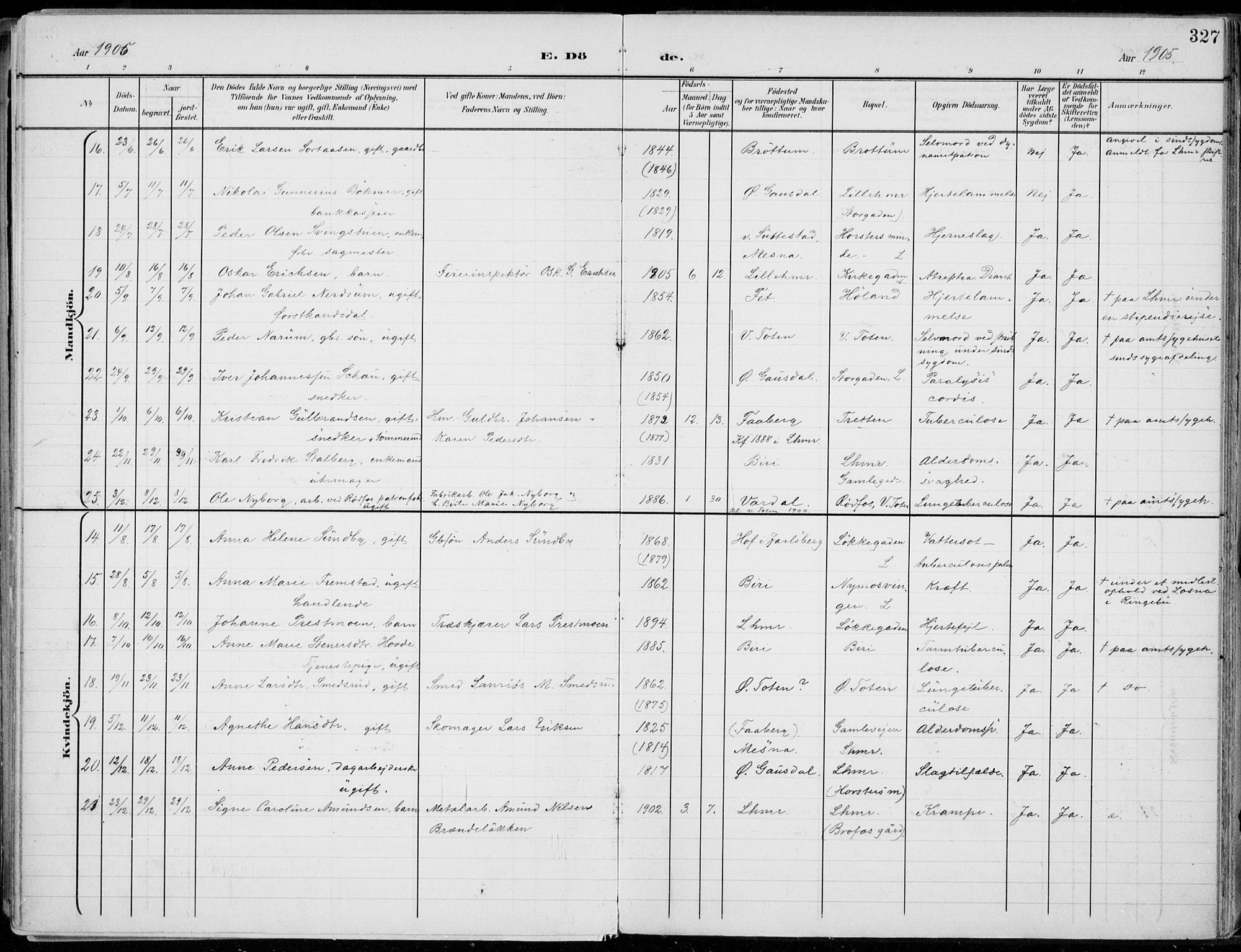 Lillehammer prestekontor, SAH/PREST-088/H/Ha/Haa/L0001: Parish register (official) no. 1, 1901-1916, p. 327