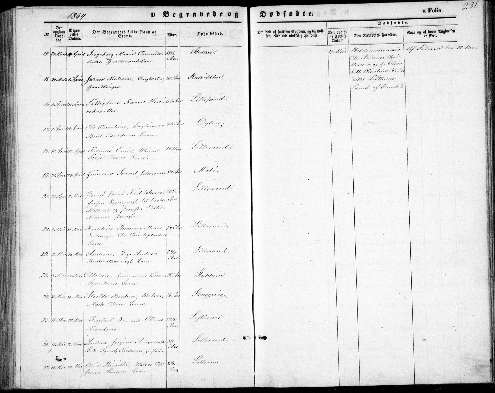 Vestre Moland sokneprestkontor, AV/SAK-1111-0046/F/Fb/Fbb/L0004: Parish register (copy) no. B 4, 1861-1872, p. 231