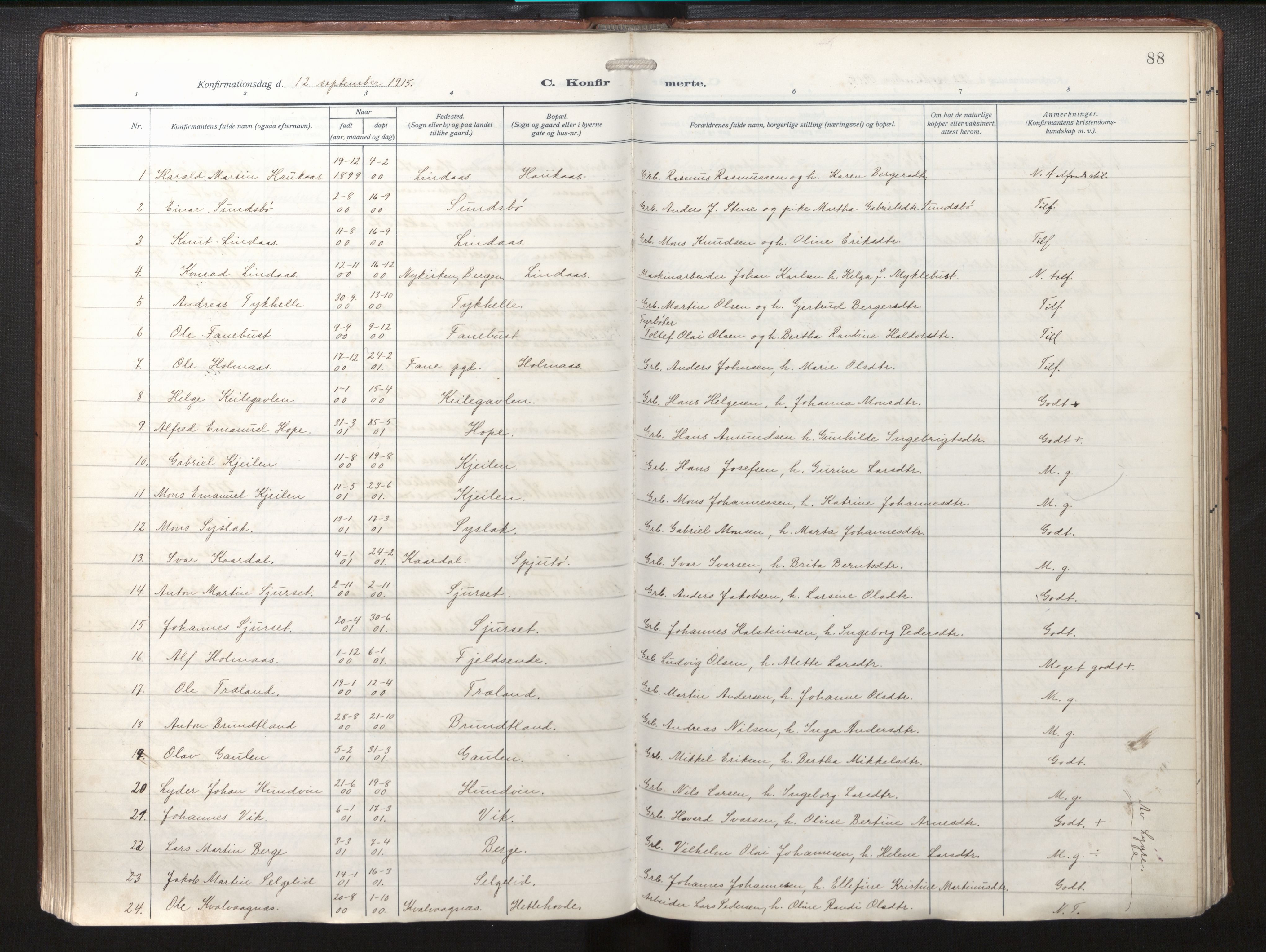 Lindås Sokneprestembete, AV/SAB-A-76701/H/Haa/Haab/L0003: Parish register (official) no. B 3, 1912-1929, p. 88