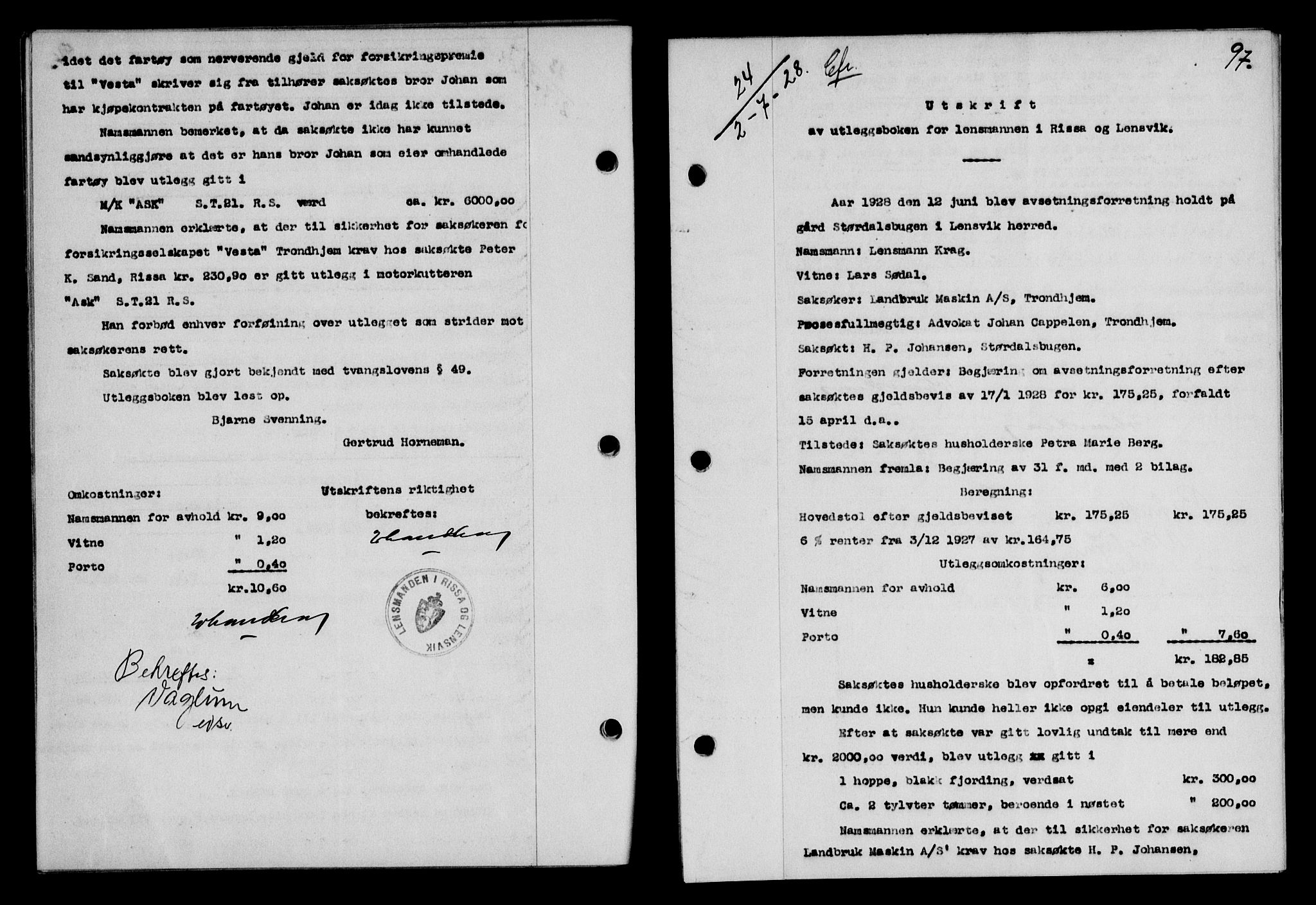 Fosen sorenskriveri, AV/SAT-A-1107/1/2/2C/L0067: Mortgage book no. 58, 1928-1929, p. 97, Deed date: 02.07.1928